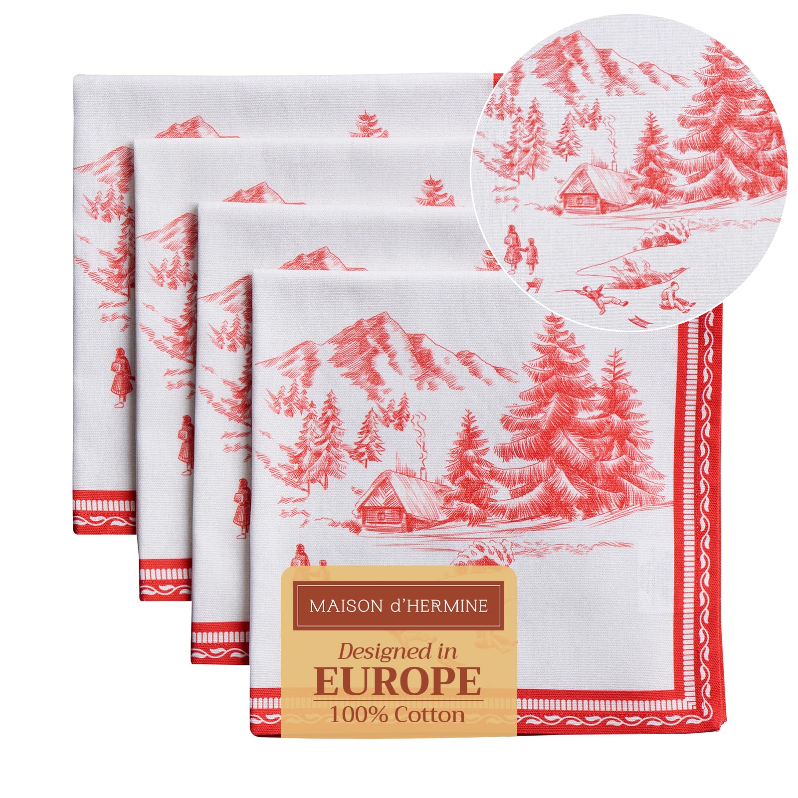 Maison D' Hermine 120 - Winter Jouy Cloth Napkins Set Of 4 100% Cotton For Christmas Decorations Everyday Reusable Square Autumn Napkins Cloth Washable Dinner Party Wedding (Winter Jouy, 45 Cm X 45 Cm)