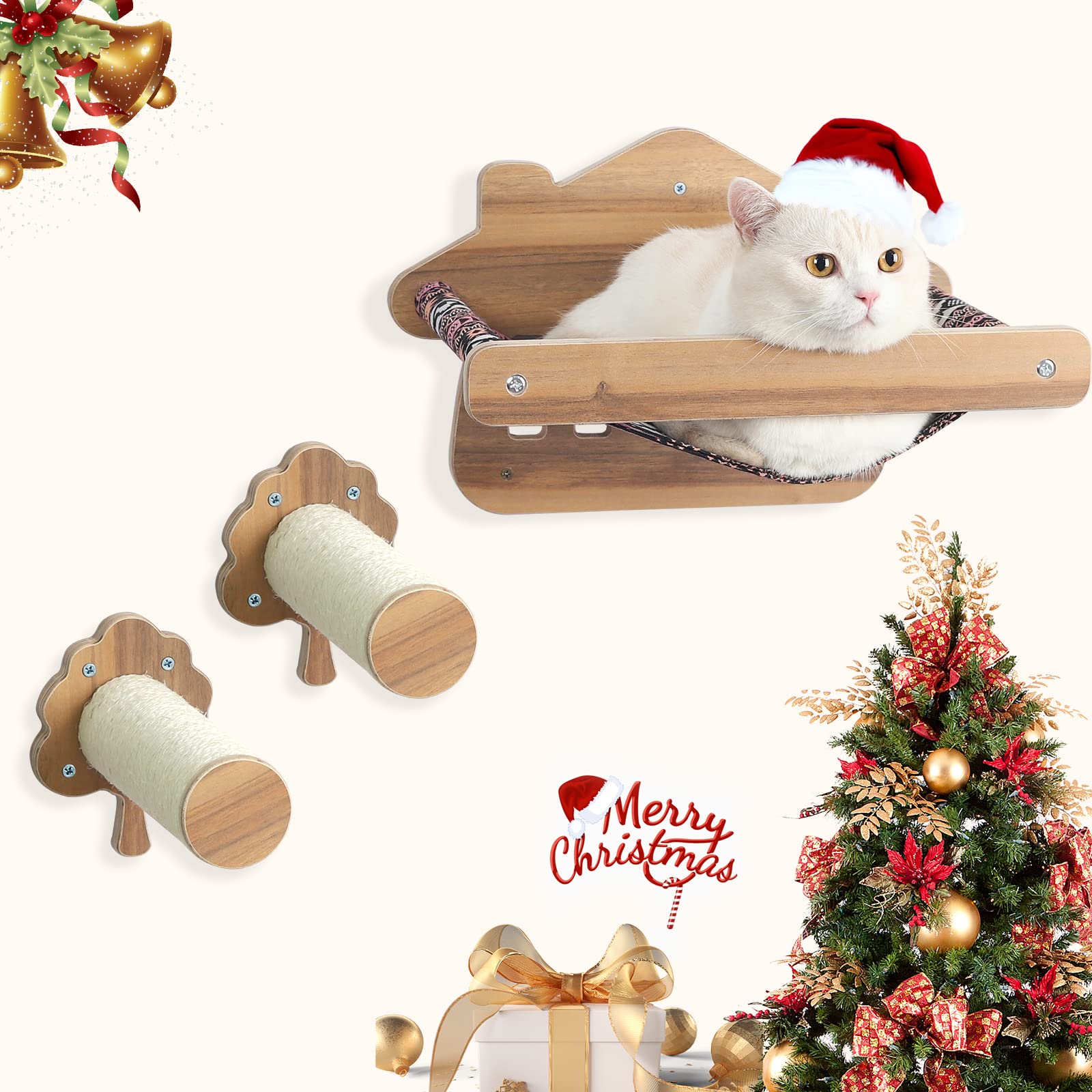 Wall Mounted Cat Hammock Set with Steps - 3Pcs Modern Cat Wall Furniture and Large Cat Wall Shelves, Handcrafted Wooden Cat Bed with Cat Scratching Post for Sleeping Playing Climbing and Lounging
