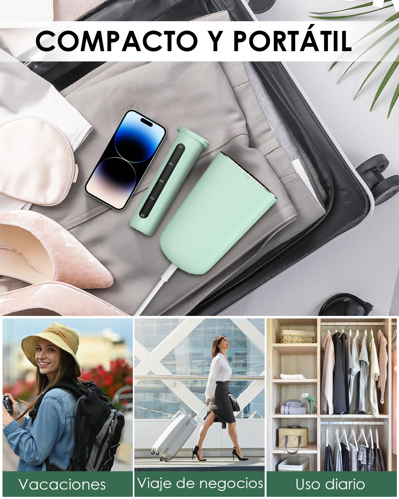 HOMEASY Plancha Vapor Vertical, Plancha de Ropa Vertical en Uso Húmedo y Seco, Plancha Portátil para Viaje, Plancha Vertical Vapor de Calentamiento Rápido, Depósito Desmontable(Verde)