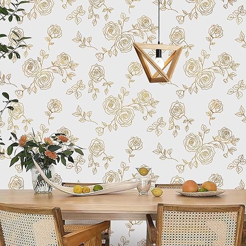 Miniatura 3 de Yun-aeon Papel tapiz floral dorado y blanco de 17.3 x 160 pulgadas, moderno papel de contacto geométrico extraíble, papel tapiz autoadhesivo para