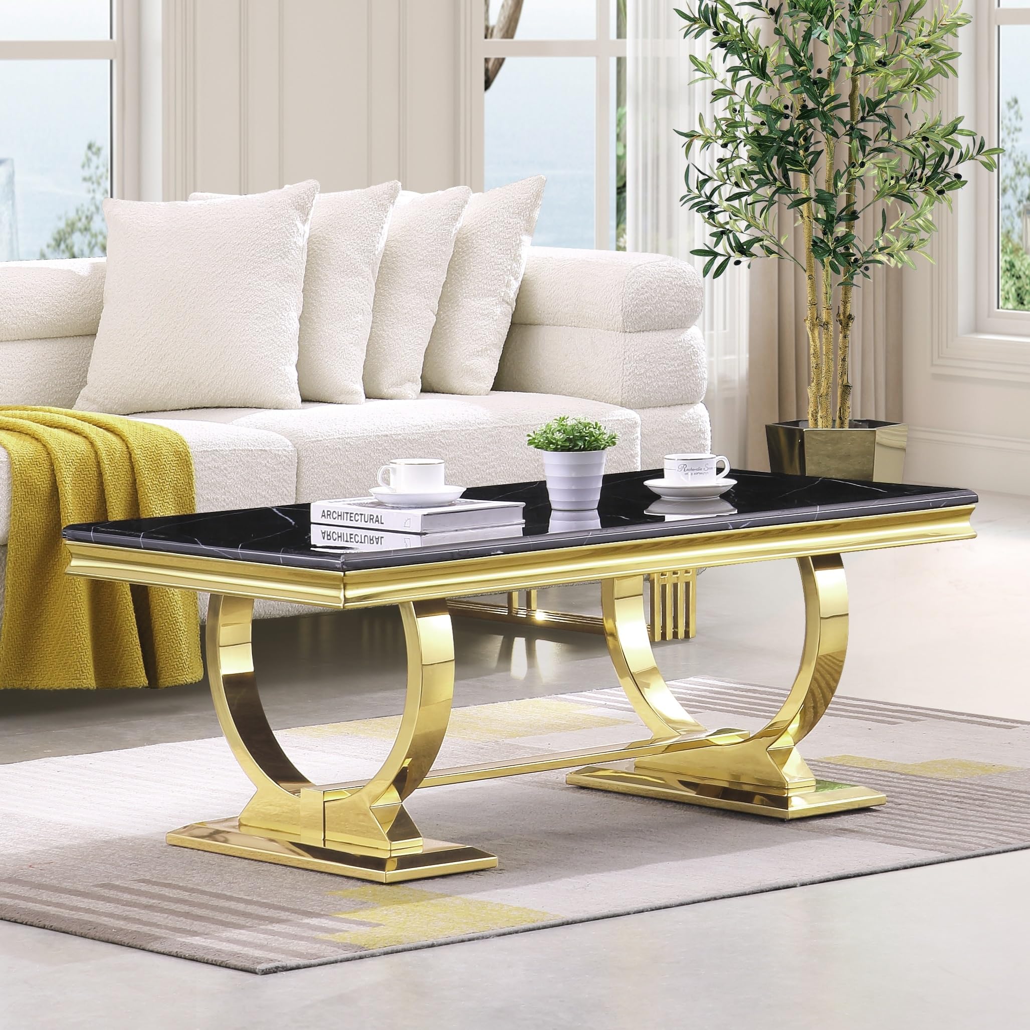 Asday 48" Black and Gold Coffee Table for Living Room, Modern Rectangular Center Table with Polished Stainless Steel Metal U Base