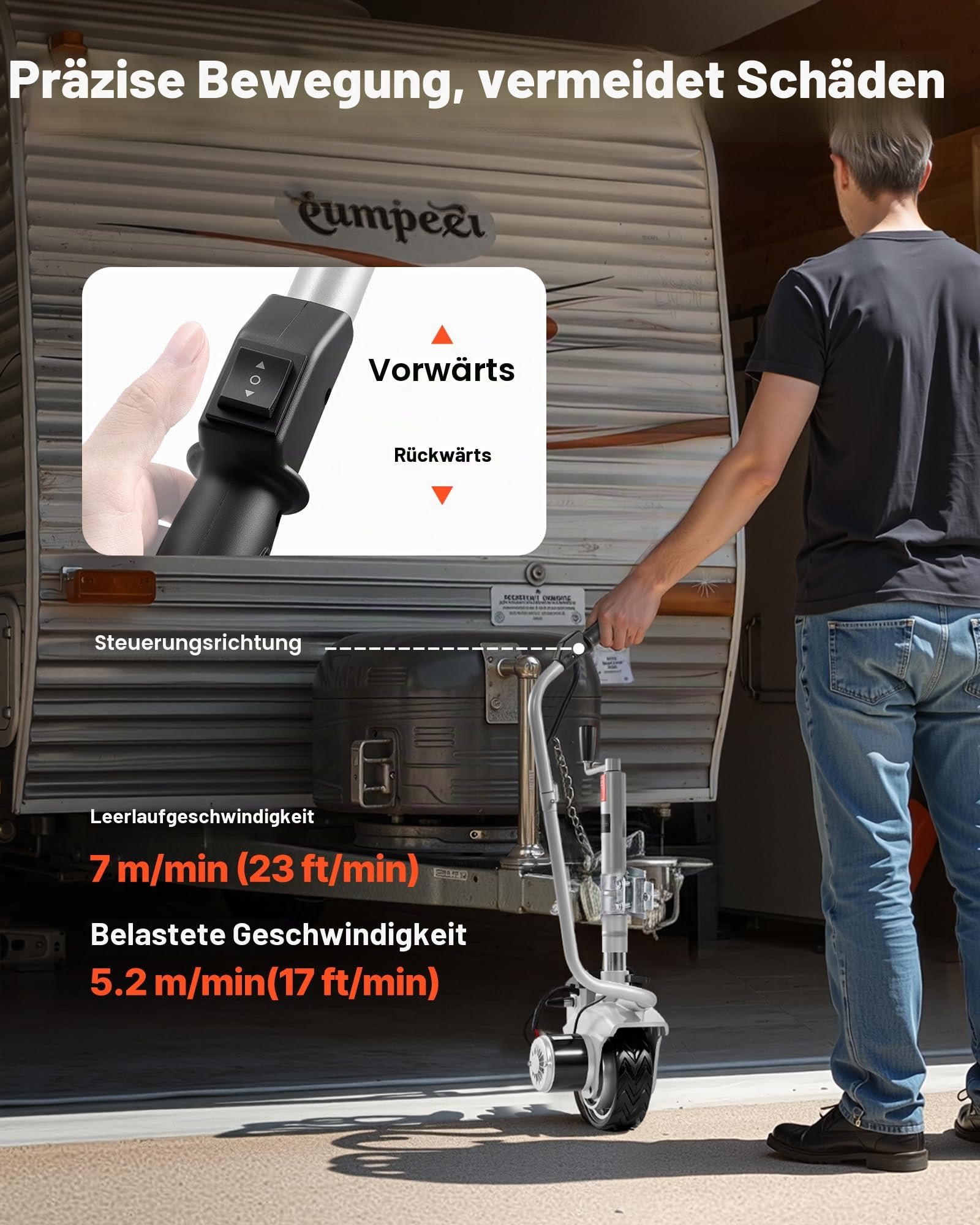 VEVOR Elektrische Rangierhilfe, 2,5 T Anhängelast, 380 W 12 V motorisiertes Stützrad mit 7 m/min Bewegungsgeschwindigkeit, einstellbare Klemmhöhe & Gummireifen, zum Bewegen von Wohnwagen & Booten