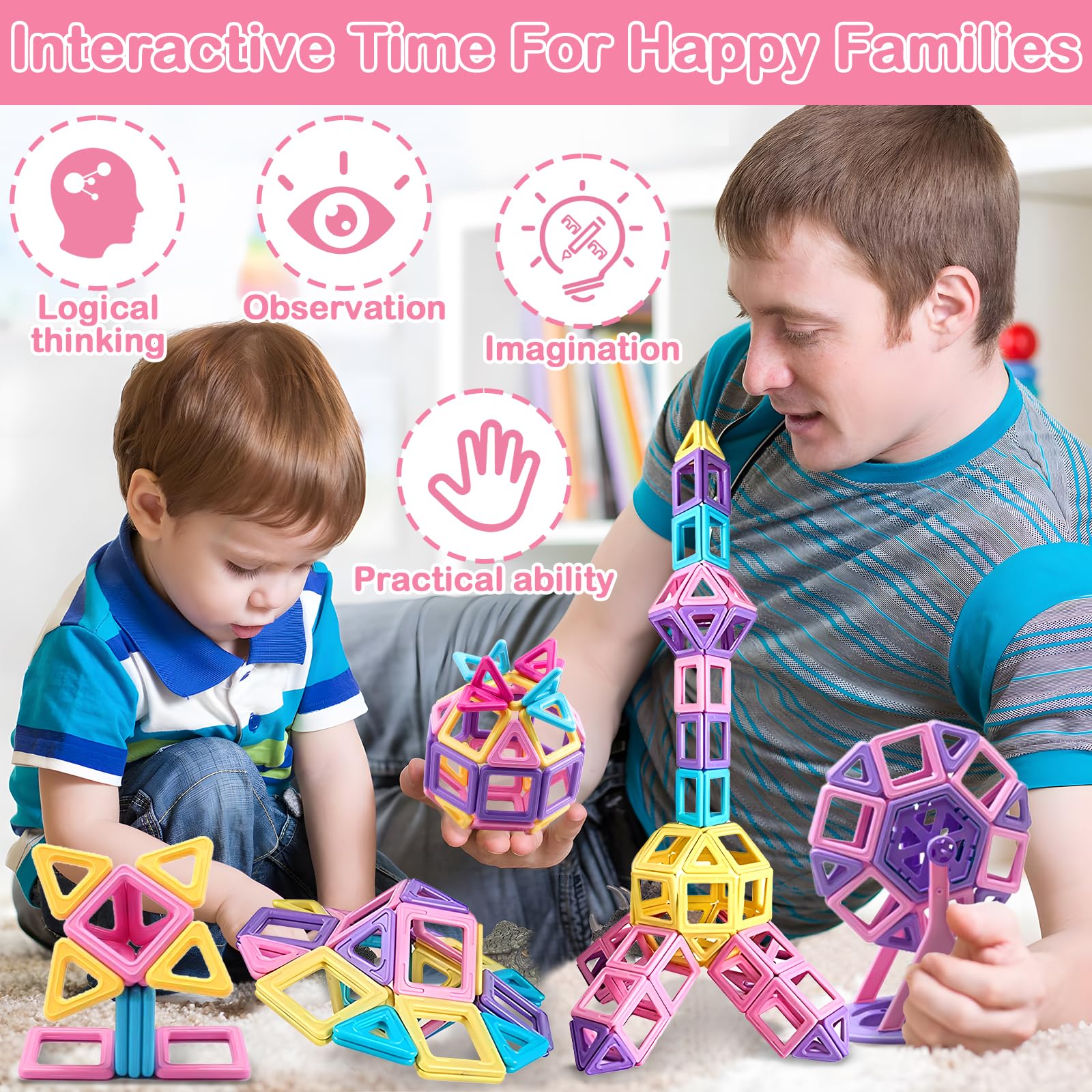 Costruzioni Magnetiche per Bambini 60 Pezzi, Giochi Educativi Mattoncini Magnetici per Bambini Bambina Bimbo 3 4 5 6 7 8 Anni Giochi Educativo Magneti Compleanno Natale Ottima Idea Regalo (B)