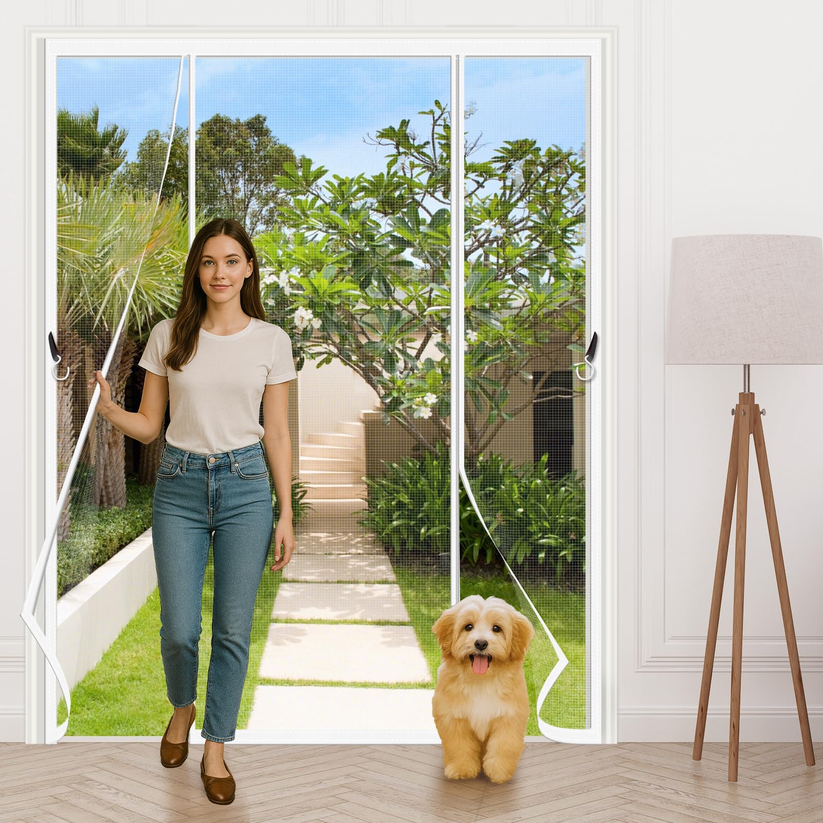 Magnetic Fly Screen for Double Doors 235x270cm,Heavy Duty Self-Closing Full Frame Mesh with Insect Proof & No-Tools Hook & Loop Installation for Patio Sliding French Doors, White — image 1