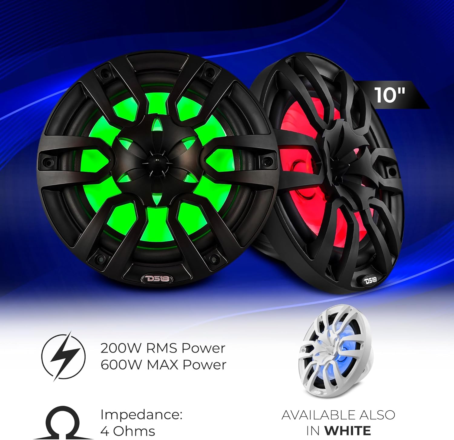 DS18 Nxl-10Bk Hydro – 10” Black 2-Way Speaker with Bullet Tweeter, 900W Max, 300W Rms, 100% Uv Stable, Ip65 Marine Grade Specs, 4 Ohms, Integrated RGB Led Lighting (2 Speakers)