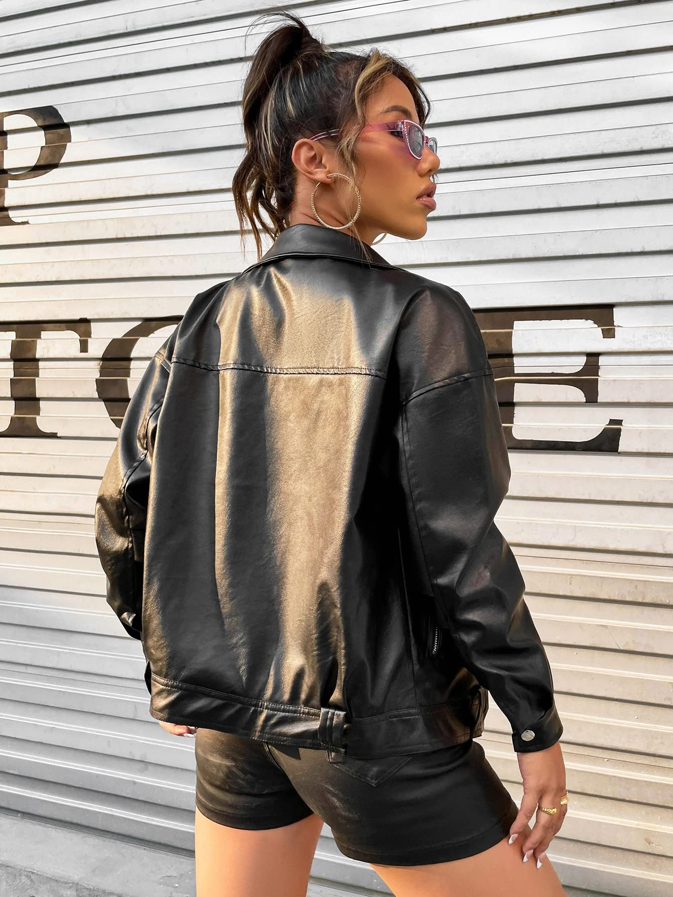 Women's Jacket Drop Shoulder Leather Moto Jacket Jacket for Women