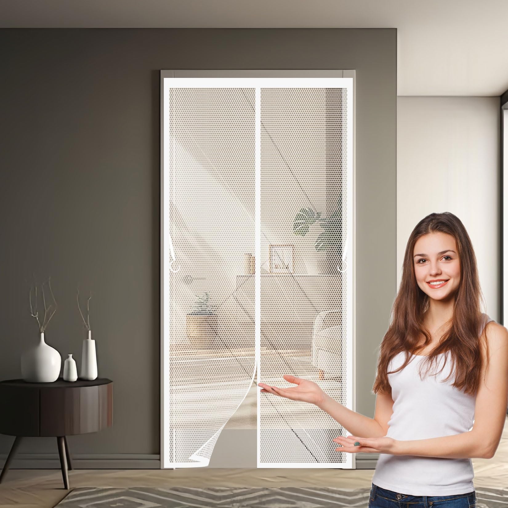 Liujyuan White Magnetic Fly Screen Door 129 X 245 Cm Full Frame Magic Tape, Powerful Magnets Door Fly Screen, Patio Curtain Insect Mesh Heavy Duty, Lets Fresh Air Pet And Kid Friendly,