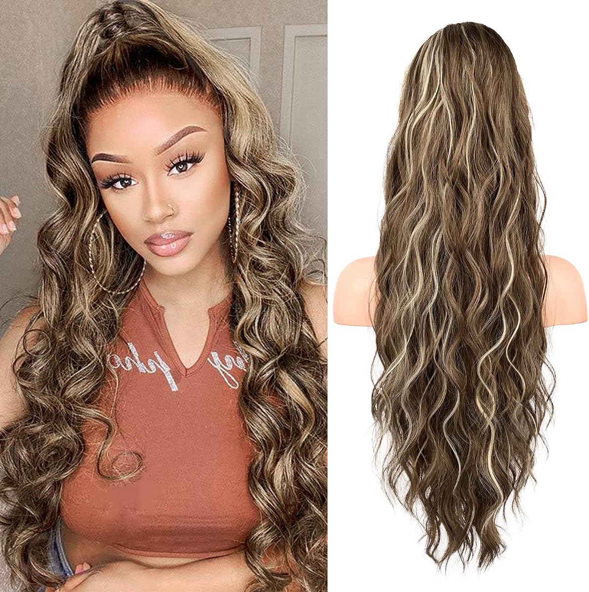 FLUFYMOOZ Ponytail Extension, 26 Inch Drawstring Ponytail Hair Extensions for Women， Long Curly Wavy Ponytail Natural Wavy Synthetic Hairpiece for Women (26 Inch Medium Brown Ash Blonde)