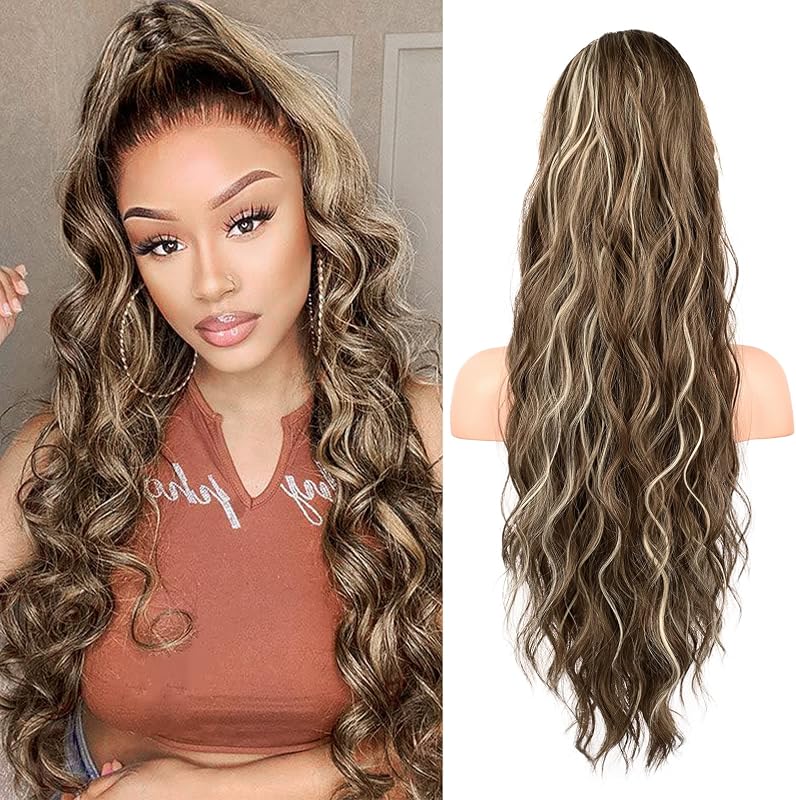 FLUFYMOOZ Ponytail Extension, 26 Inch Drawstring Ponytail Hair Extensions for Women， Long Curly Wavy Ponytail Natural Wavy Synthetic Hairpiece for Women (26 Inch Medium Brown Ash Blonde)