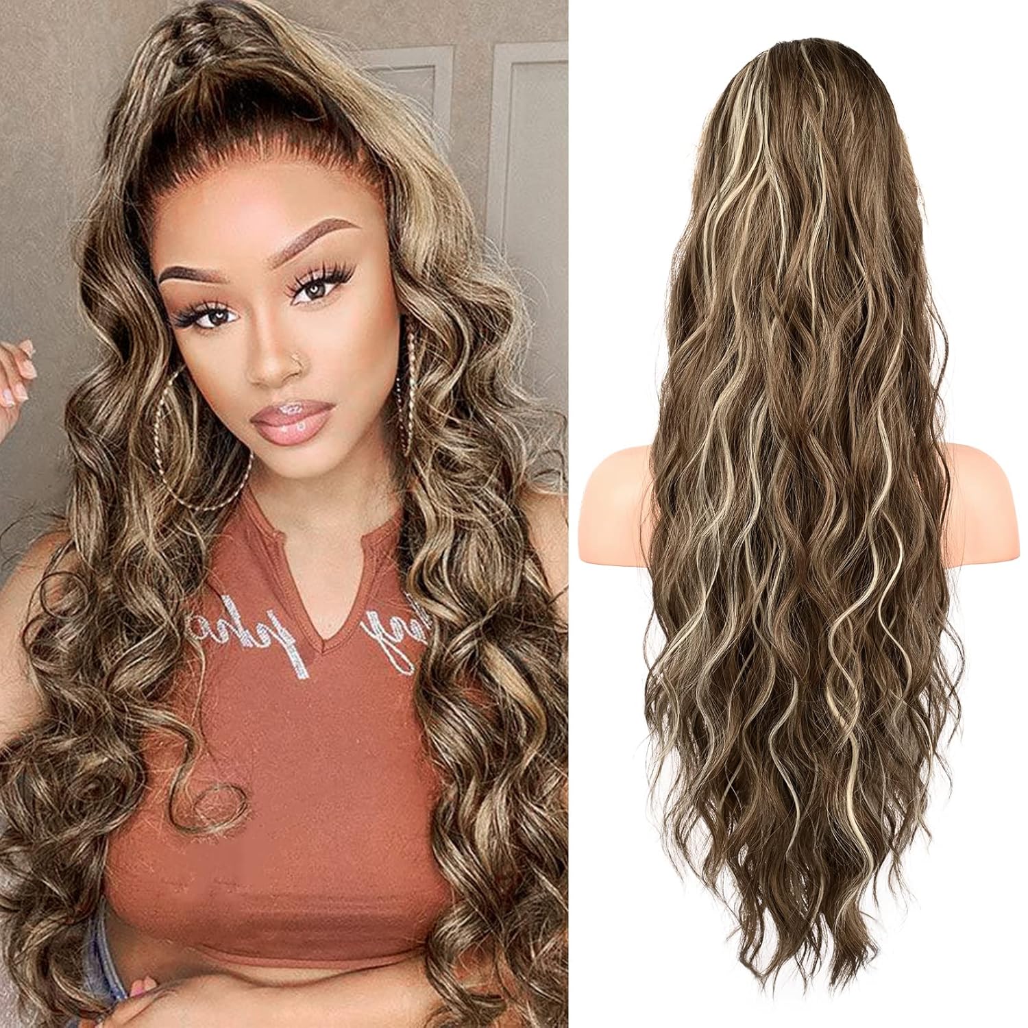 FLUFYMOOZ Ponytail Extension, 26 Inch Drawstring Ponytail Hair Extensions for Women? Long Curly Wavy Ponytail Natural Wavy Synthetic Hairpiece for Women (26 Inch Medium Brown Ash Blonde)