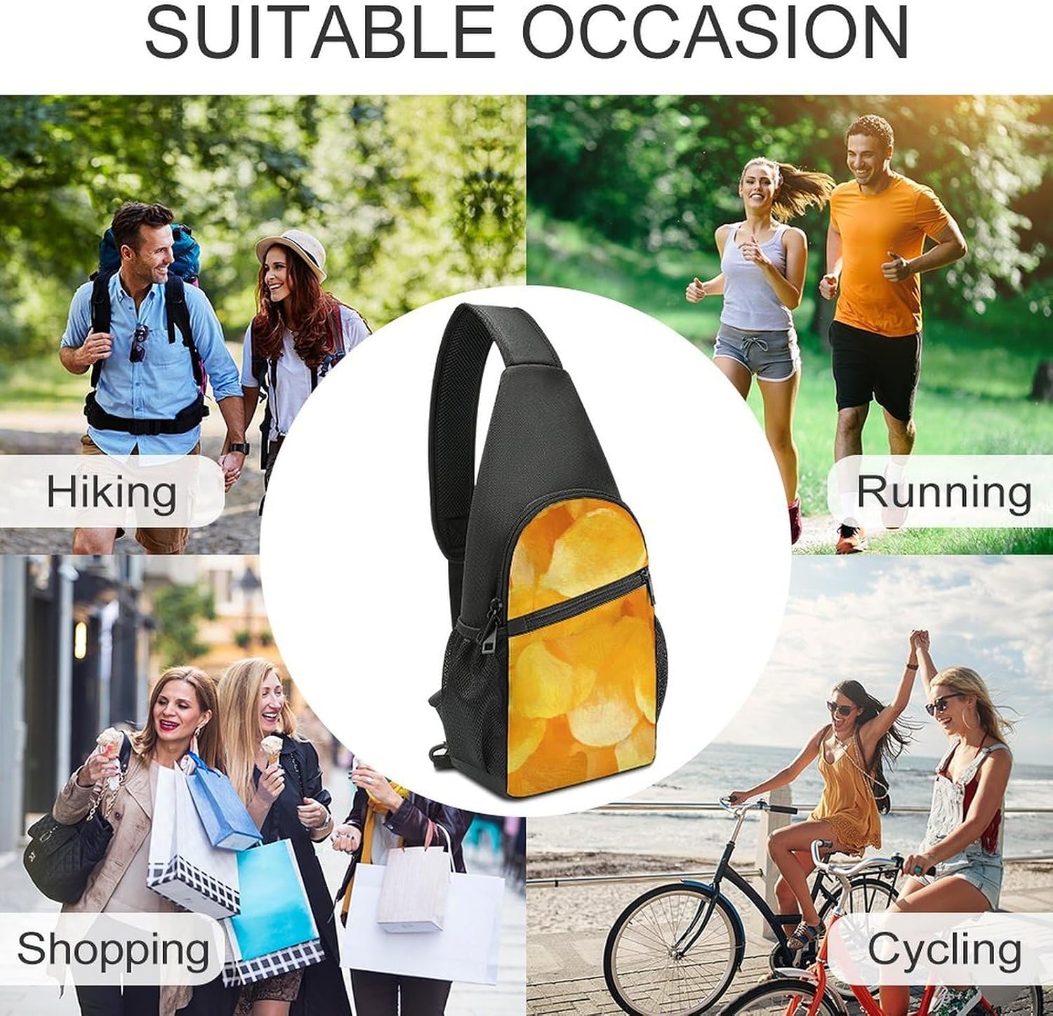 Yellow Potato Chips Crossbody Sling Backpack Chest Bag Daypack | unisex,trendy,with convertible and detachable shoulder strap,side pockets