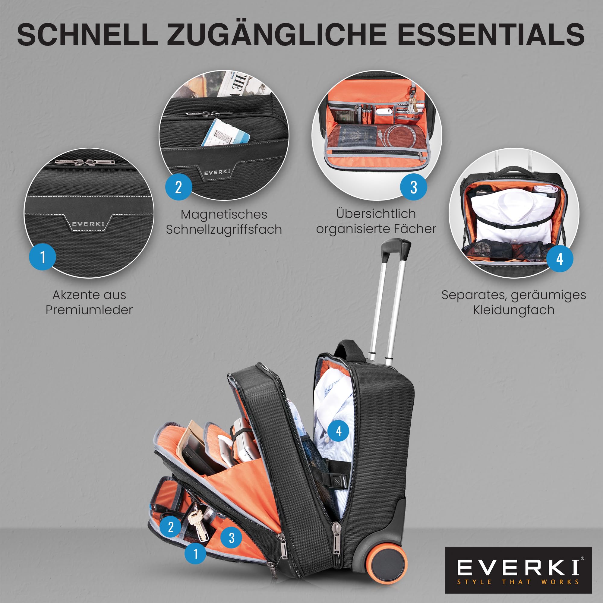 Everki Journey Laptop-Trolley 24 L für 16 Zoll – Business-Aktentasche mit Rollen, reisefreundliche Handgepäck-Laptoptasche und leichte Bürotasche – schwarz (EKB440)