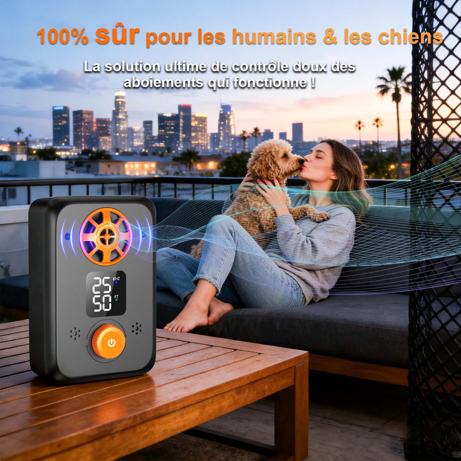 Anti Aboiement Chien Ultrason Puissant - Appareil Anti-Aboiement Ultrasonique Chien avec 5 Fréquences Ajustables 3 Portées Arrêt Automatique du Aboiement Intérieur/Extérieur