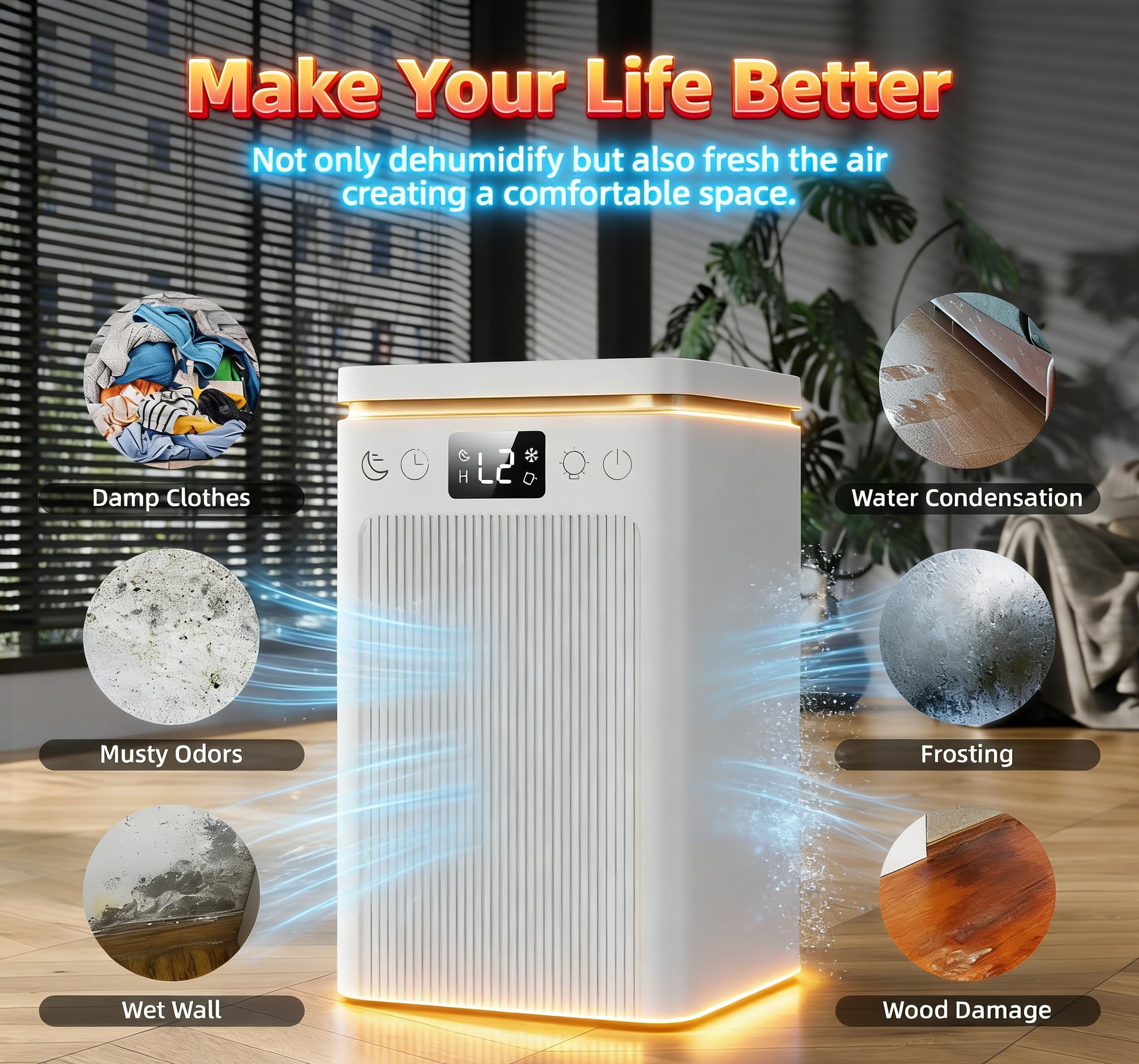 Deshumidificateur d‘air,Electrique Portable 2200ML Arrêt Automatique,déshumidification,Minuterie 2-12hEfficace,Silencieux,Résistance à La Moisissure,Lumière7 LED Couleur,Chambre,Bain