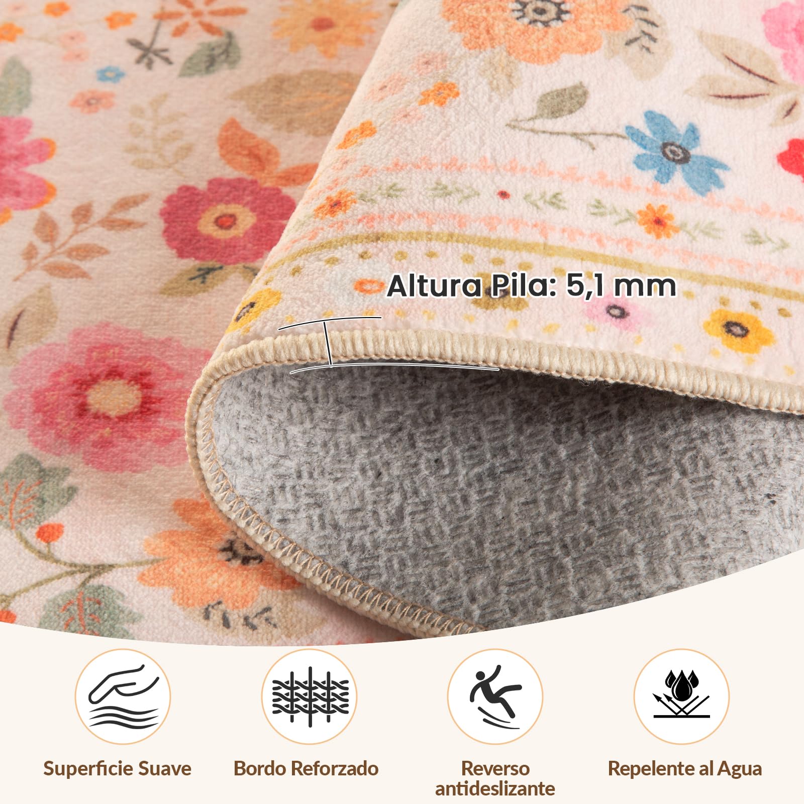 INOVADAY Alfombra Lavable 120x180 cm Rosa/Beige Alfombra de Salón | Dormitorio, Cocina, Recibidor, Baño, Comedor, Pelo Corto, Antideslizante, Estampado Floral, Boho, Suave, Fácil de Limpiar
