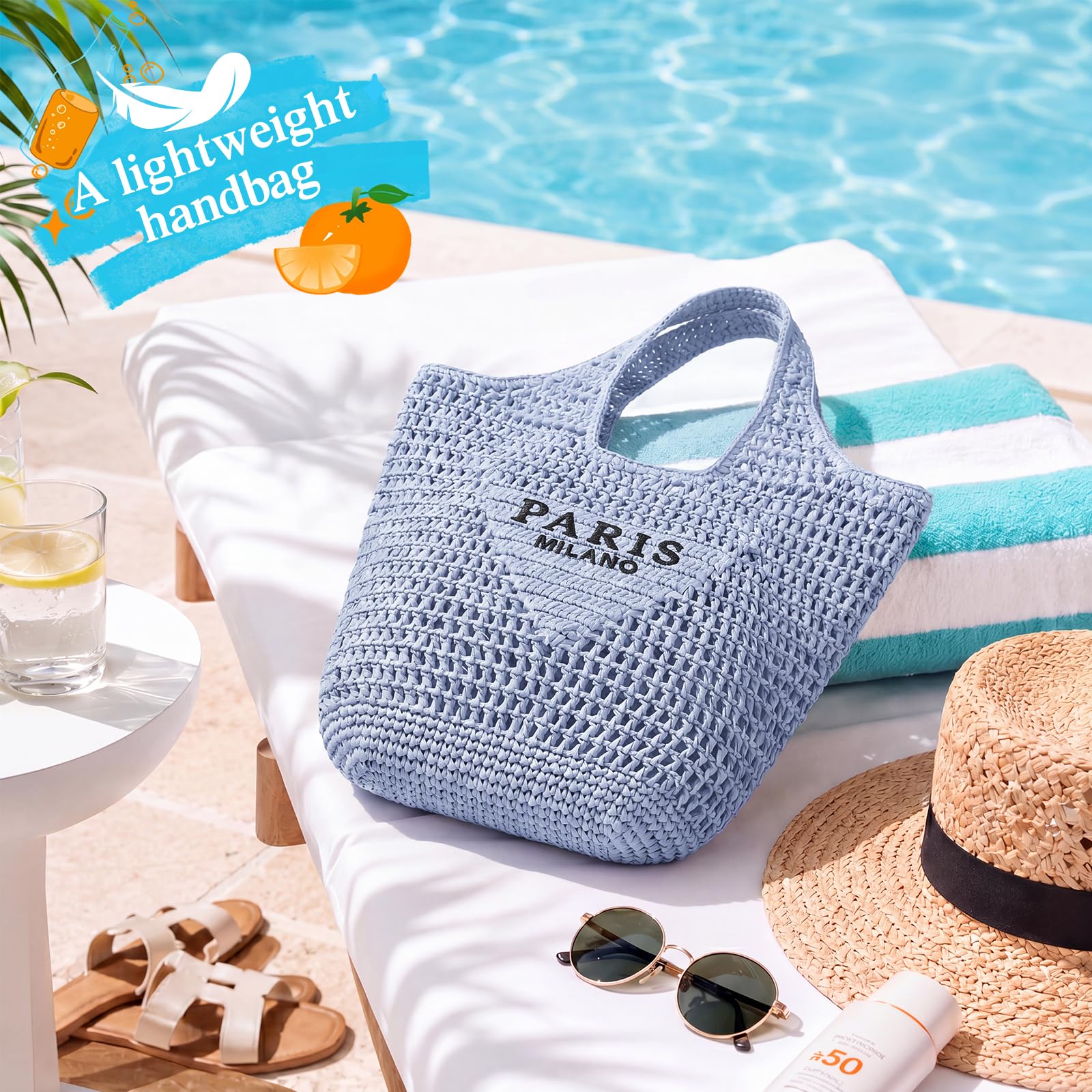 POOOPSSD Bolsa tejida de malla de paja, bolsa de playa, bolsa de hombro, Hobo para mujer, plegable, gran capacidad, para vacaciones.