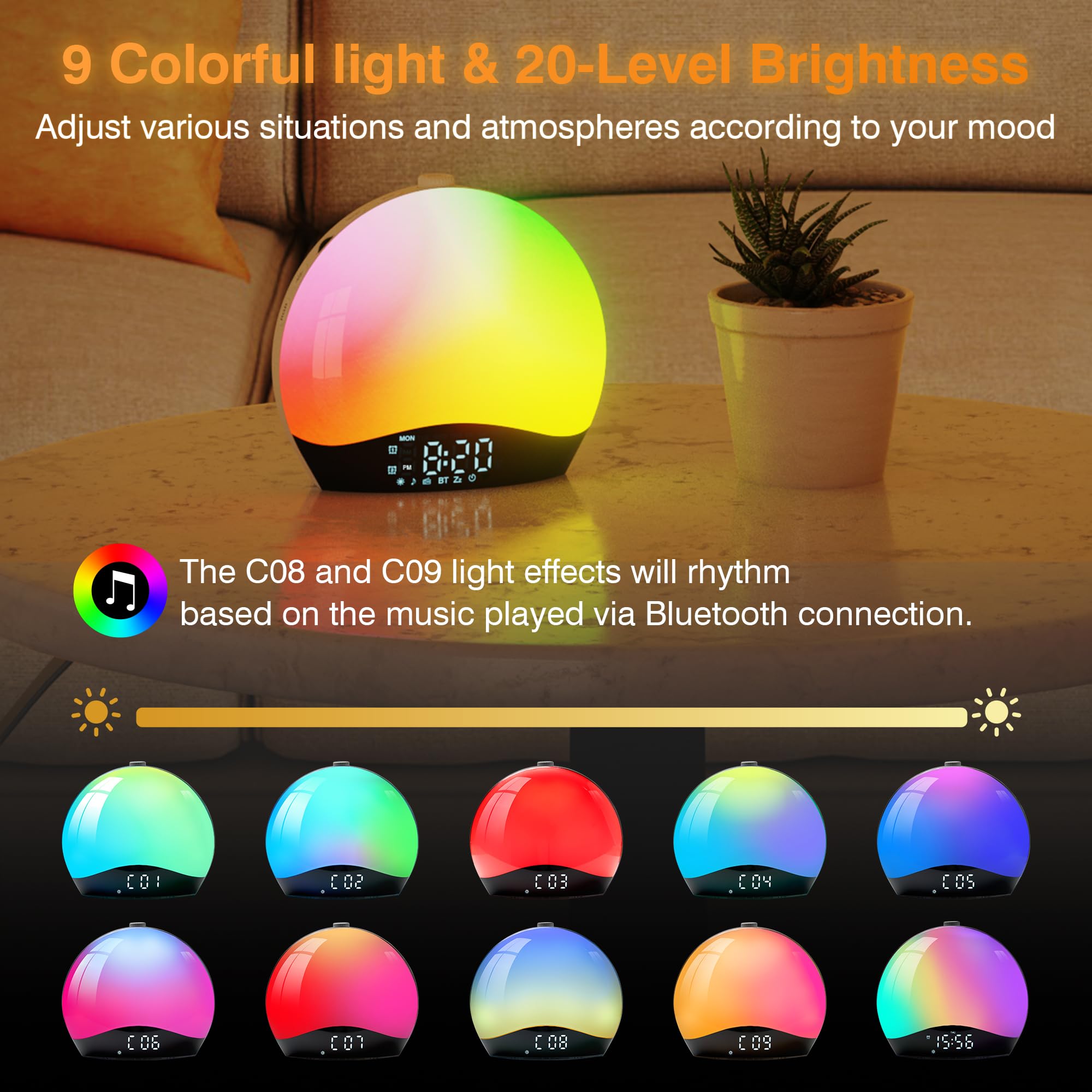 Réveil Simulateur d'Aube avec Enceinte Bluetooth, Lampe de Chevet LED Multicolore, Radio, 22 Sons Nature, 2 Alarmes, 20 Niveaux de Luminosité, Snooze, Minuterie - Adaptateur Inclus (Jaune)
