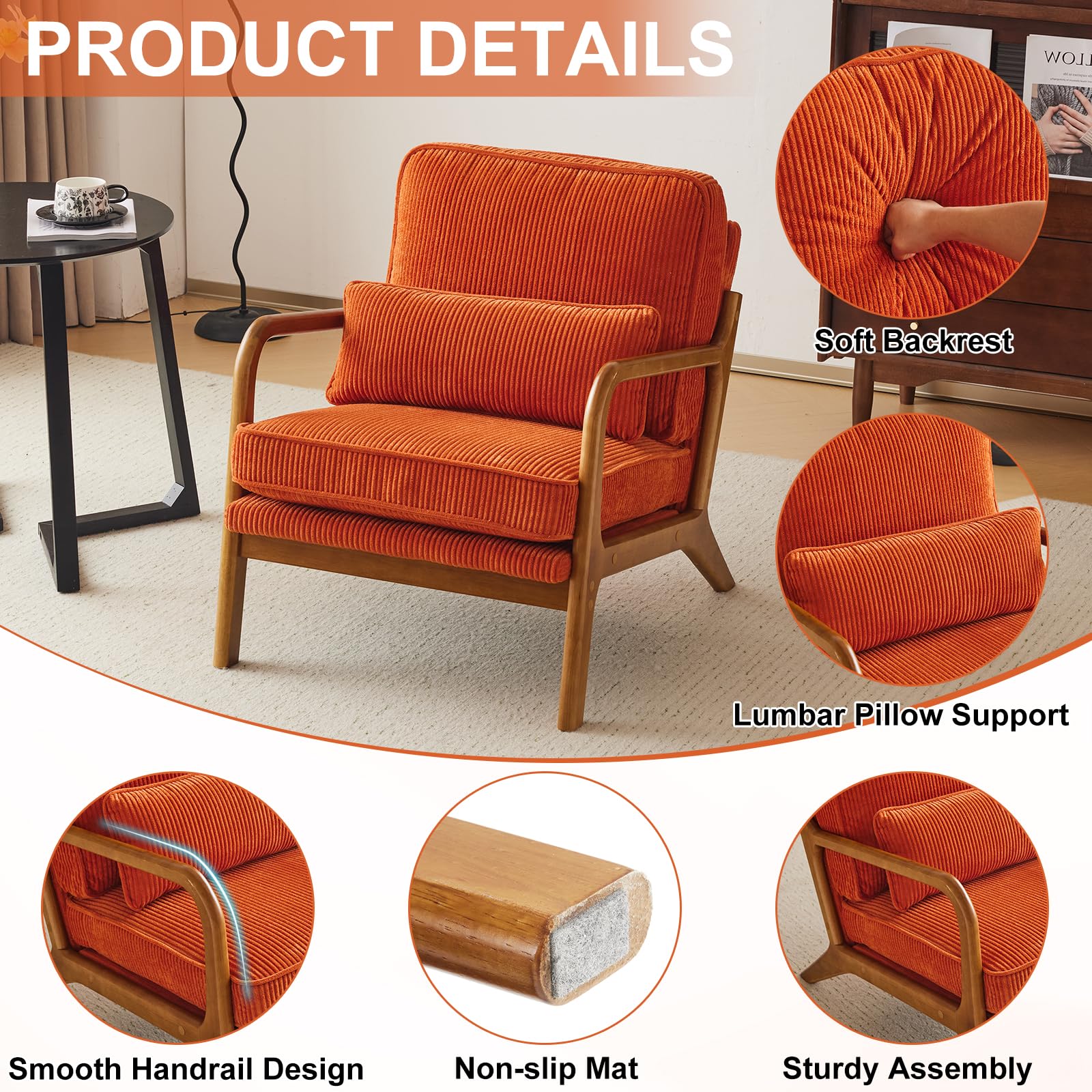 Bonnlo Sillón Butaca Individual de Salón, Estilo Nórdico Retro, Tapizado de Pana Acanalada Suave, Estructura de Madera Maciza, Cojín Incluido, 65×80×78 cm, Carga Máxima 150 kg (Naranja)