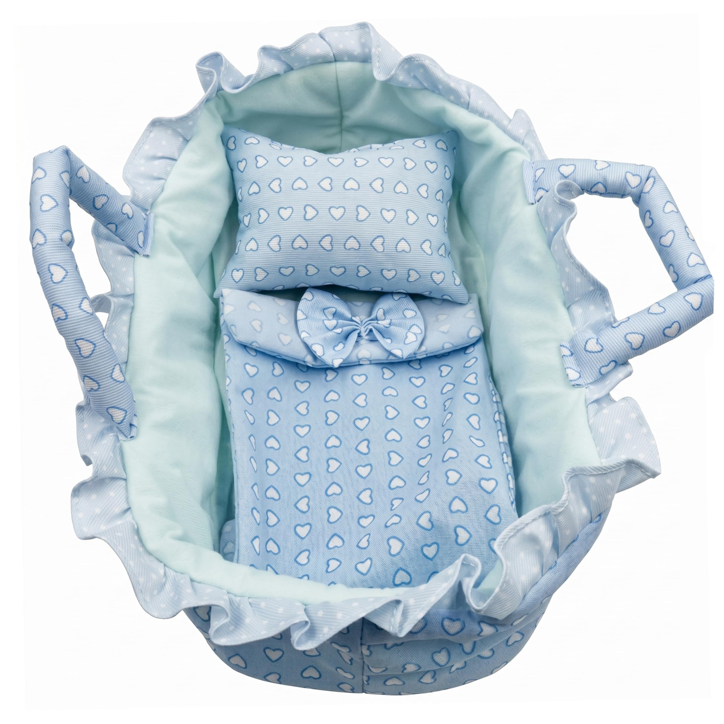 Baby Doll Bassinet, 35x18cm Heart Printed Baby Doll Portable Carrier with Pillow & Quilt, Crib for 12inch Dolls (Blue)