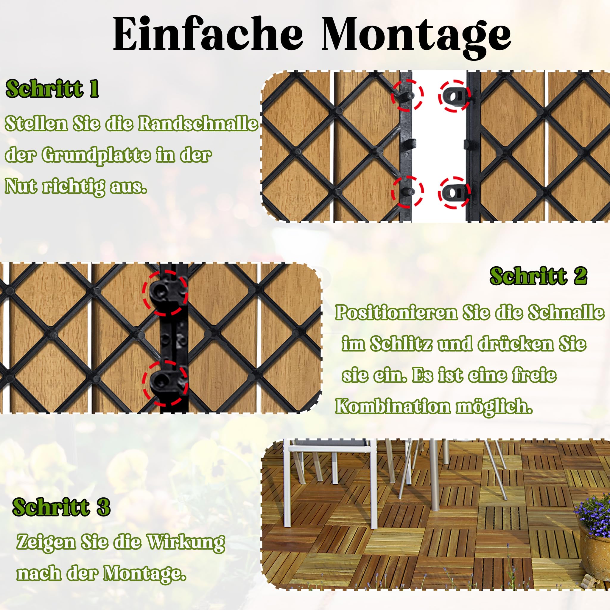 XMTECH Baldosas de madera de acacia, 3 m², para terraza, balcón, 33 unidades, 30 x 30 cm, con sistema de drenaje y sistema de clic