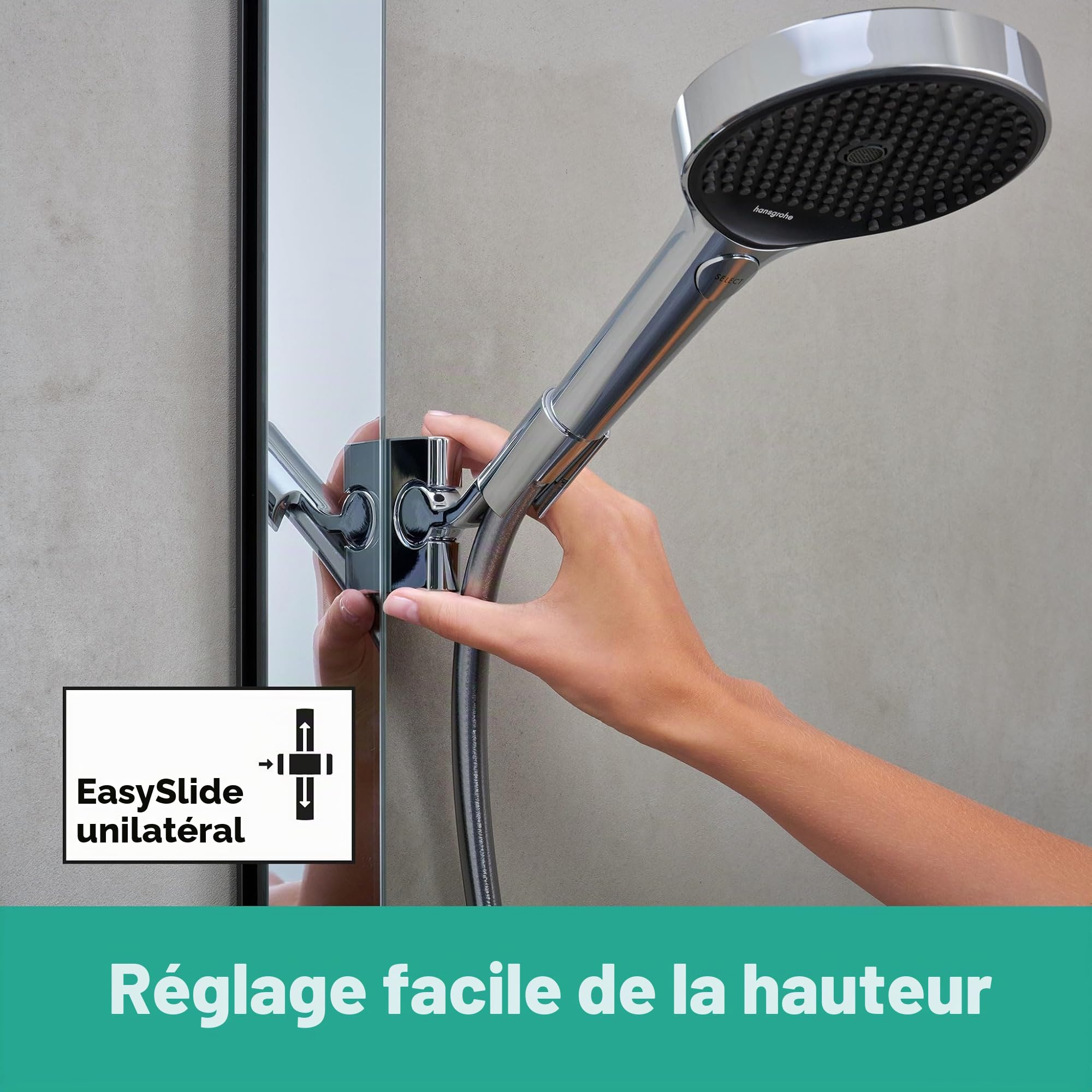 hansgrohe Rainfinity - Colonne de douche avec mitigeur thermostatique, douche pluie 360 mm avec robinet, douchette (3 jets), support, flexible, barre et douche de tête ronde 1 jet, Chromé, 26853000