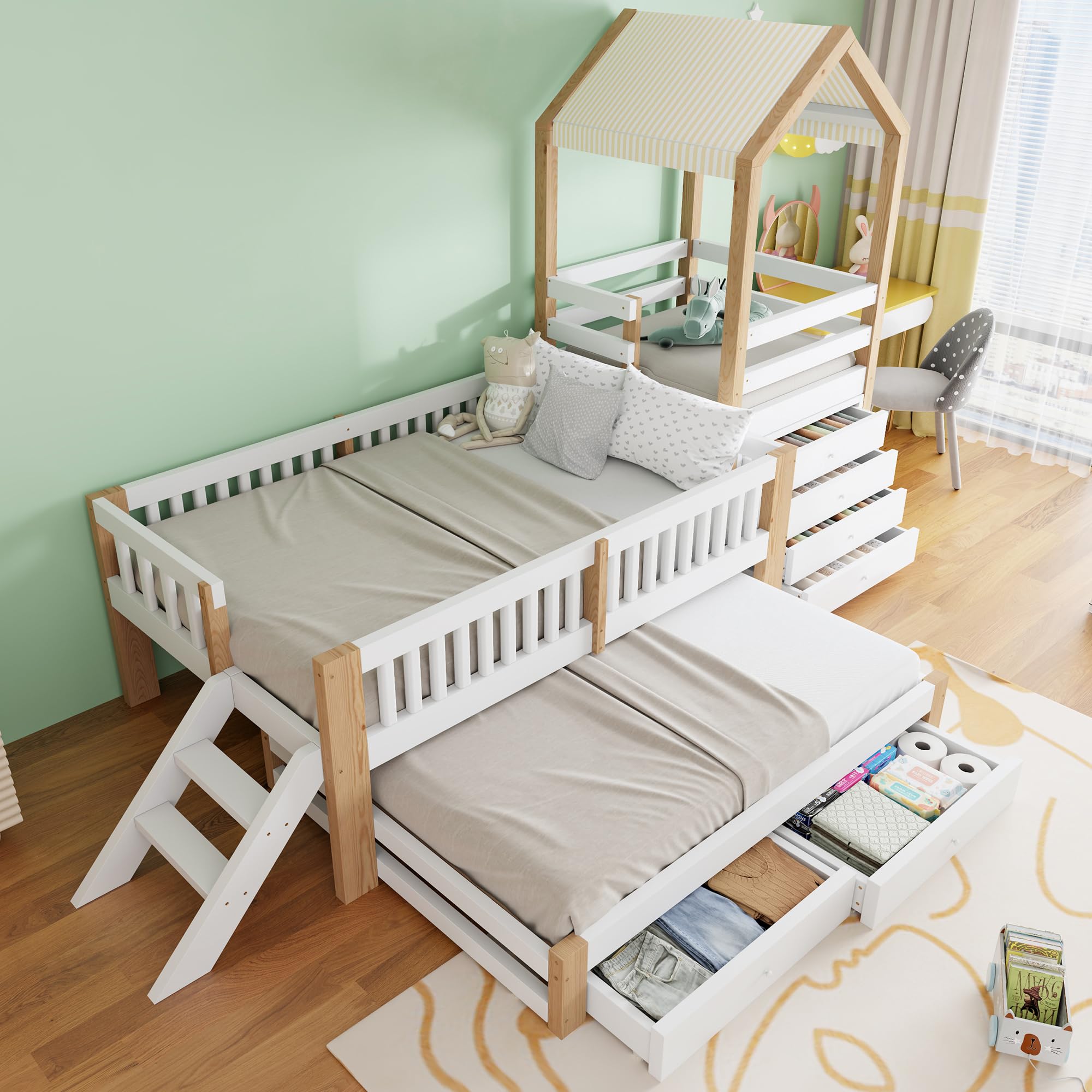 Letto Montessori 90x200 con Letto Estraibile 90x190 cm e 2 Cassetti (Bianco+Naturale-1)