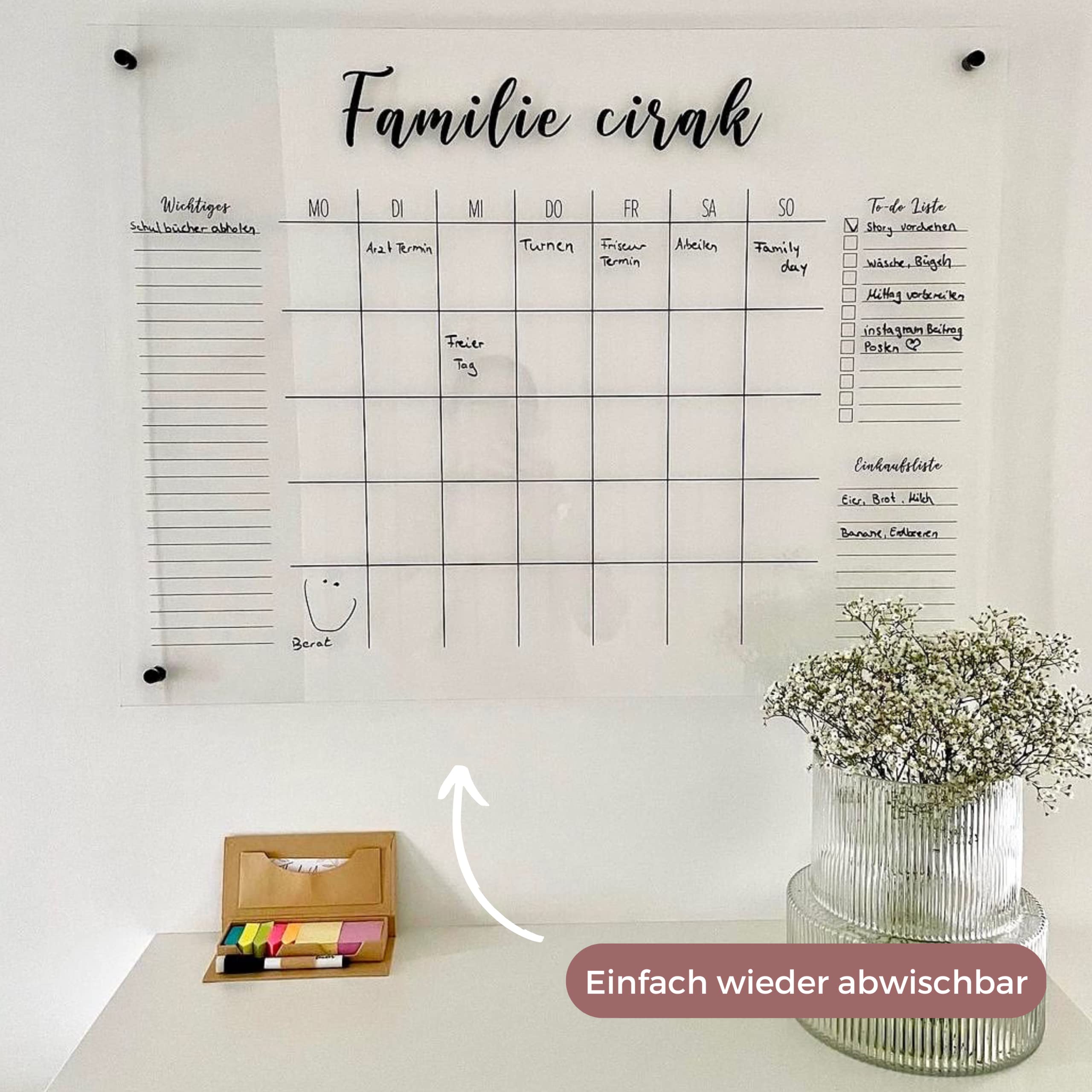 personalisierter Wandkalender - Monatsplaner - wiederverwendbarer Kalender aus Acrylglas - Familienplaner abwischbar für die ganze Familie