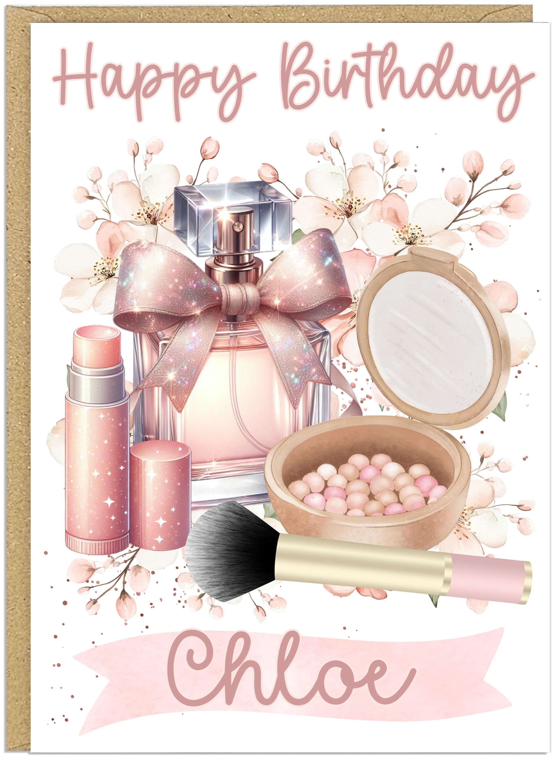 Happy Birthday Greeting Cards A5 - Personalised Makeup Birthday Cards for Women Girls - Custom Name 8 Make Up Designs Pink Blush Pink Gold Card (Pastel)