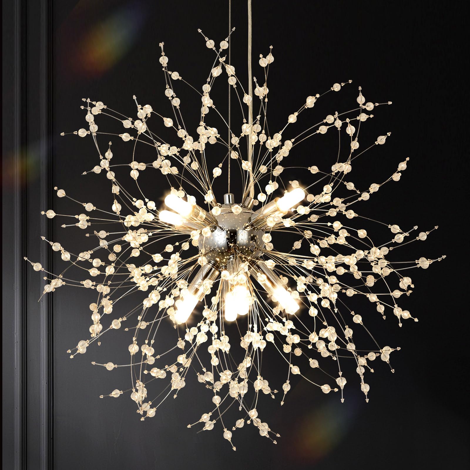 KUNYEEE Modern Firework Chandeliers Dandelion Pendant Light, Chrome Silver 8 Lights G9 Light Fixtures, Crystals Chandelier Lighting Fixture for Living Room, Bedroom, Dining, Foyer, Hallway, Φ45 cm