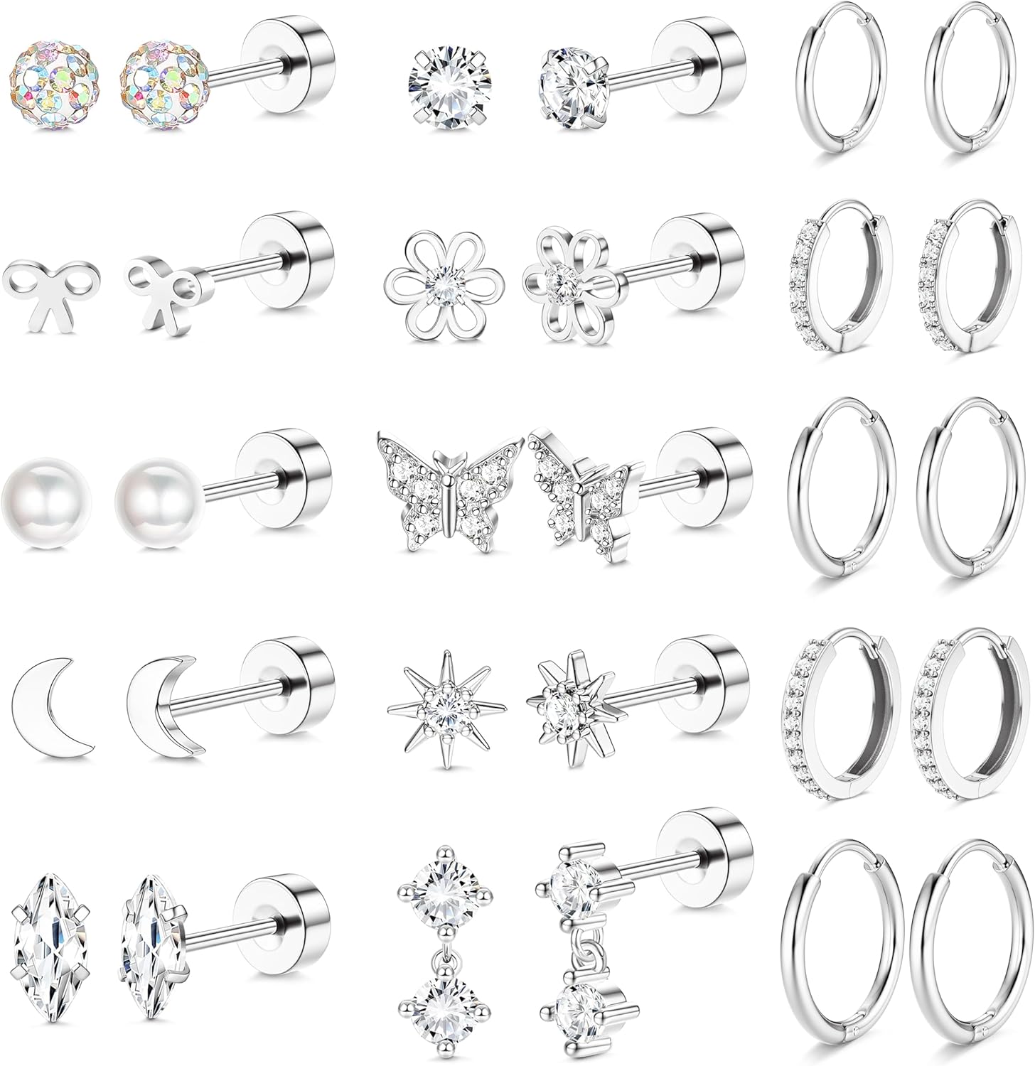 LOLIAS 14K Gold Plated Flat Back Earrings - Hypoallergenic Surgical Stainless Steel Stud Hoop Earrings for Women Girls Cute Stud Earring Set Small Huggie Hoops Cartilage Earring Stacks