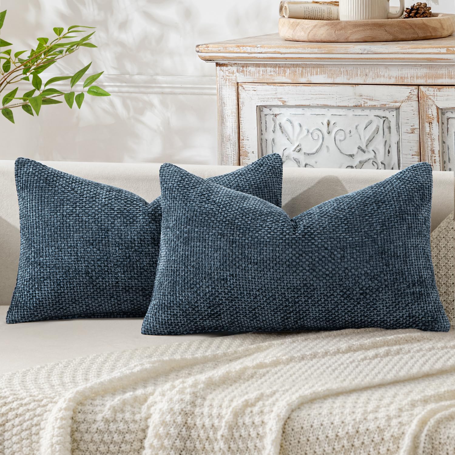 MIULEE Decorative Lumbar Throw Pillow Covers 12x20 Coastal Navy Blue 2 Pack