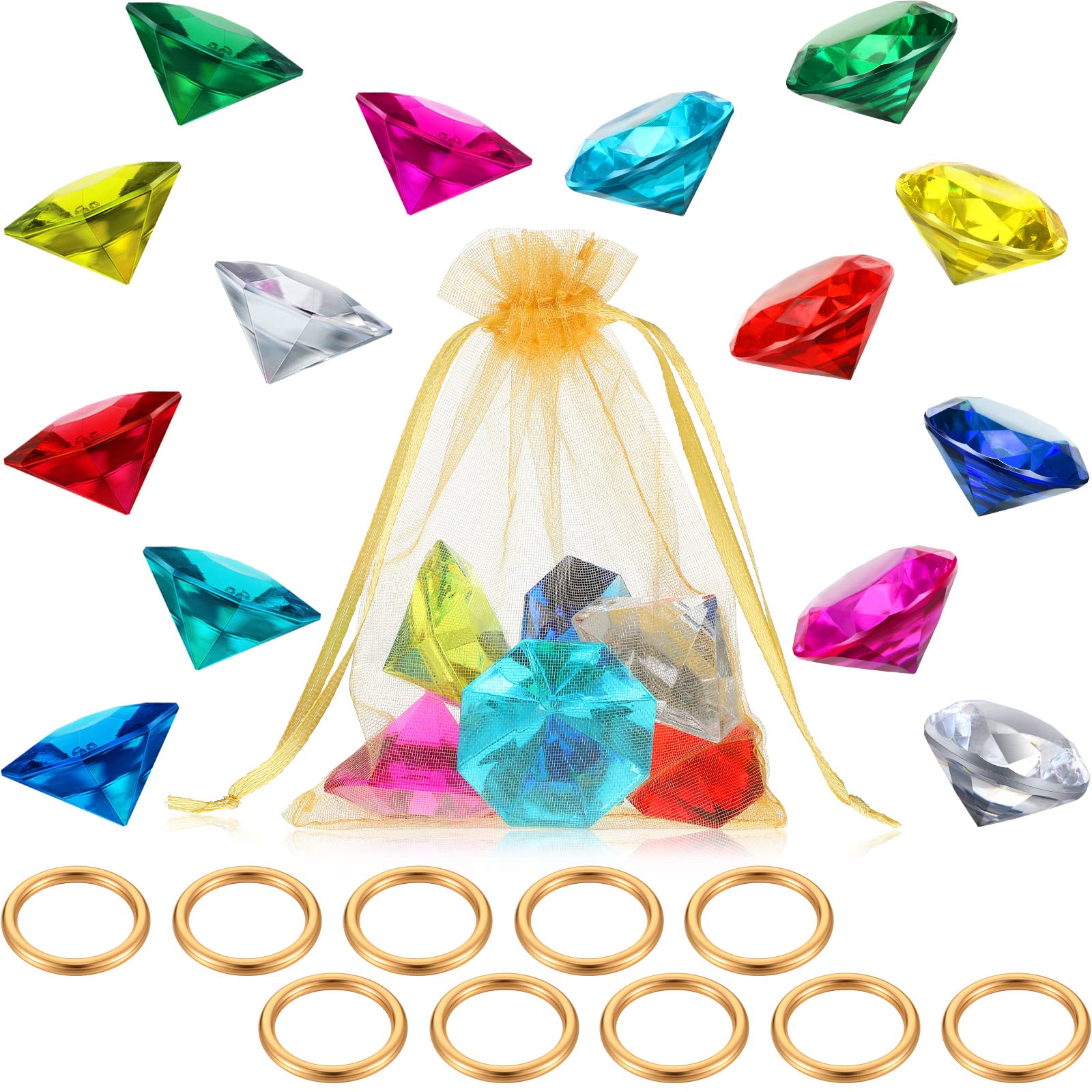 Chalyna 25 Pcs Acrylic Diamond Gem Jewelry Alloy Gold Round Ring Set Halloween Party Favor Pirate Treasure Hunting Cake Decor with Gift Bag for Birthday Party Supplies(Stylish Style,Multicolor)
