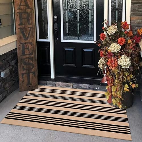 Vista 79 de Alfombra de exterior a rayas blancas y negras, 2 x 3 pies, de algodón, moderna, tejida a mano, reversible, para porche, puerta de bienvenida, 1 tira