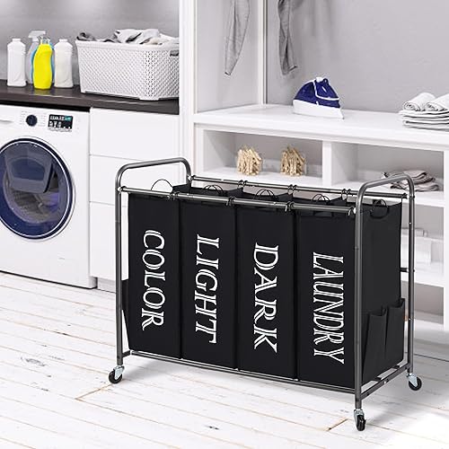 Miniatura 8 de STORAGE MANIAC Clasificador de ropa sucia de 4 secciones, 47.8 galones (181 L) con ruedas, clasificador de cestas divisoras de ropa, carrito