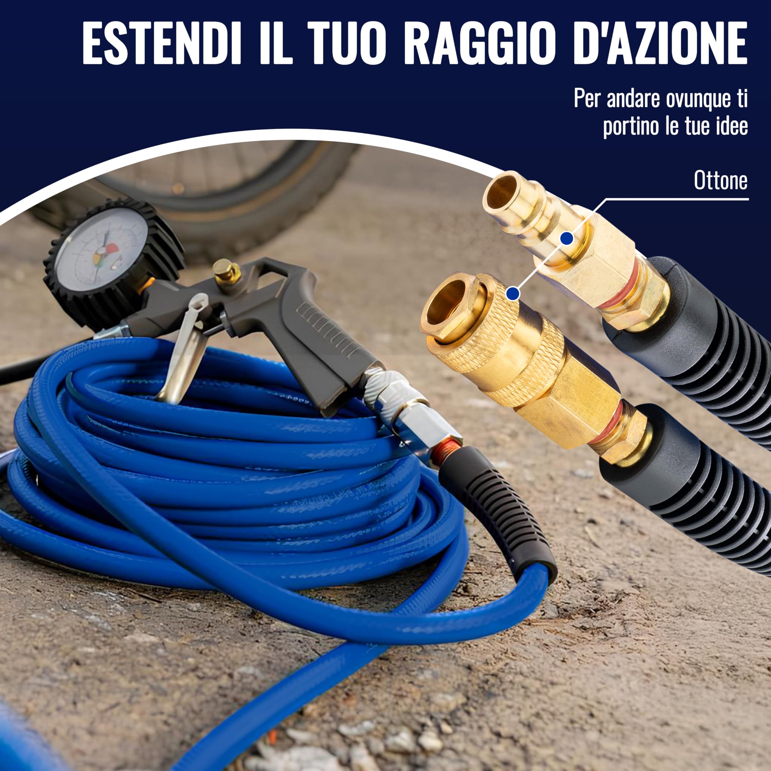 Poppstar Tubo per aria compressa in PVC ibrido 30 m, diametro interno 6 mm, attacco rapido in ottone 1/4", 20 bar, blu
