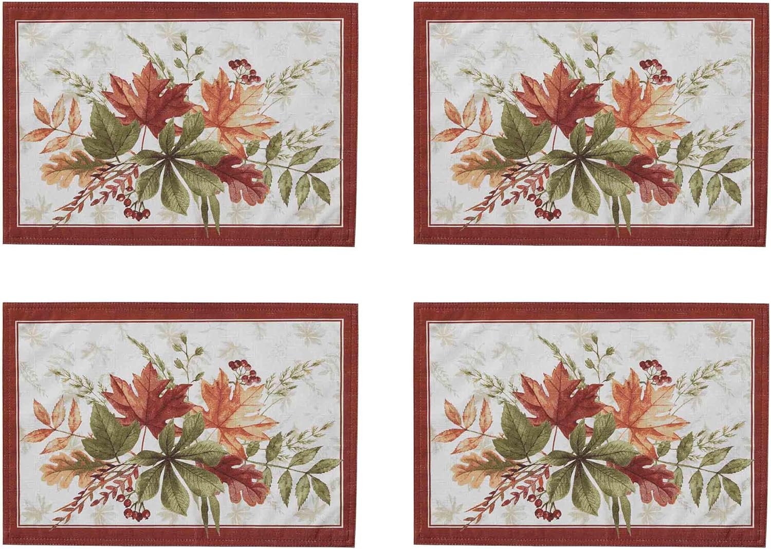 Newbridge Thanksgiving Elements of Nature Fall Foliage Bordered Set of 4 Fabric Placemats, Swirling Leaves Easy Care Stain Proof, Wrinkle Resistant Placemats for Holiday Party Dining