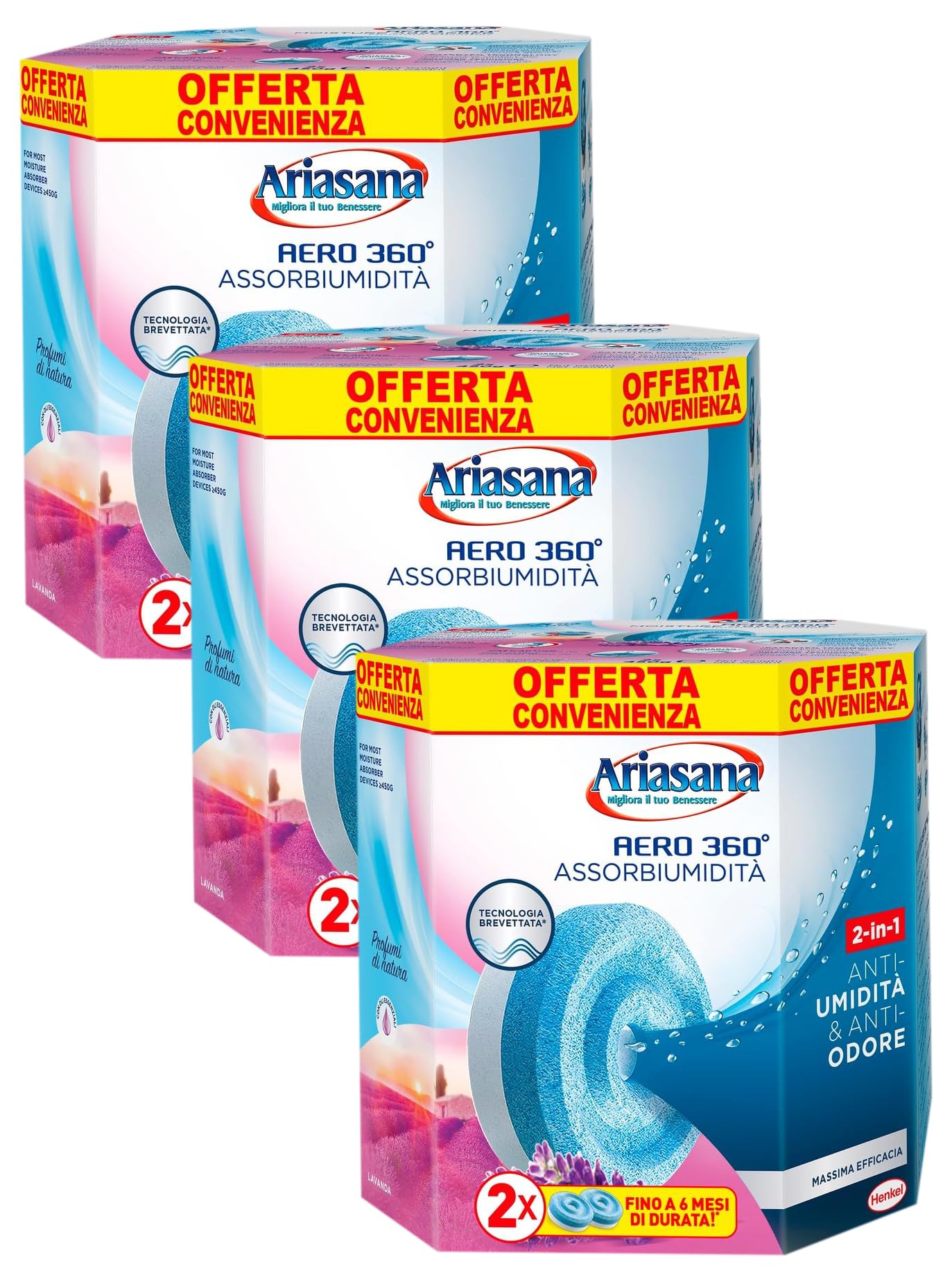 Ariasana Aero 360° Ricarica TAB Lavanda per dispositivo Aero 360° kit, assorbi umidità in Tab profumata rilassante, elimina i cattivi odori, aromaterapia, 2 TAB da 450g (Confezione da 3)