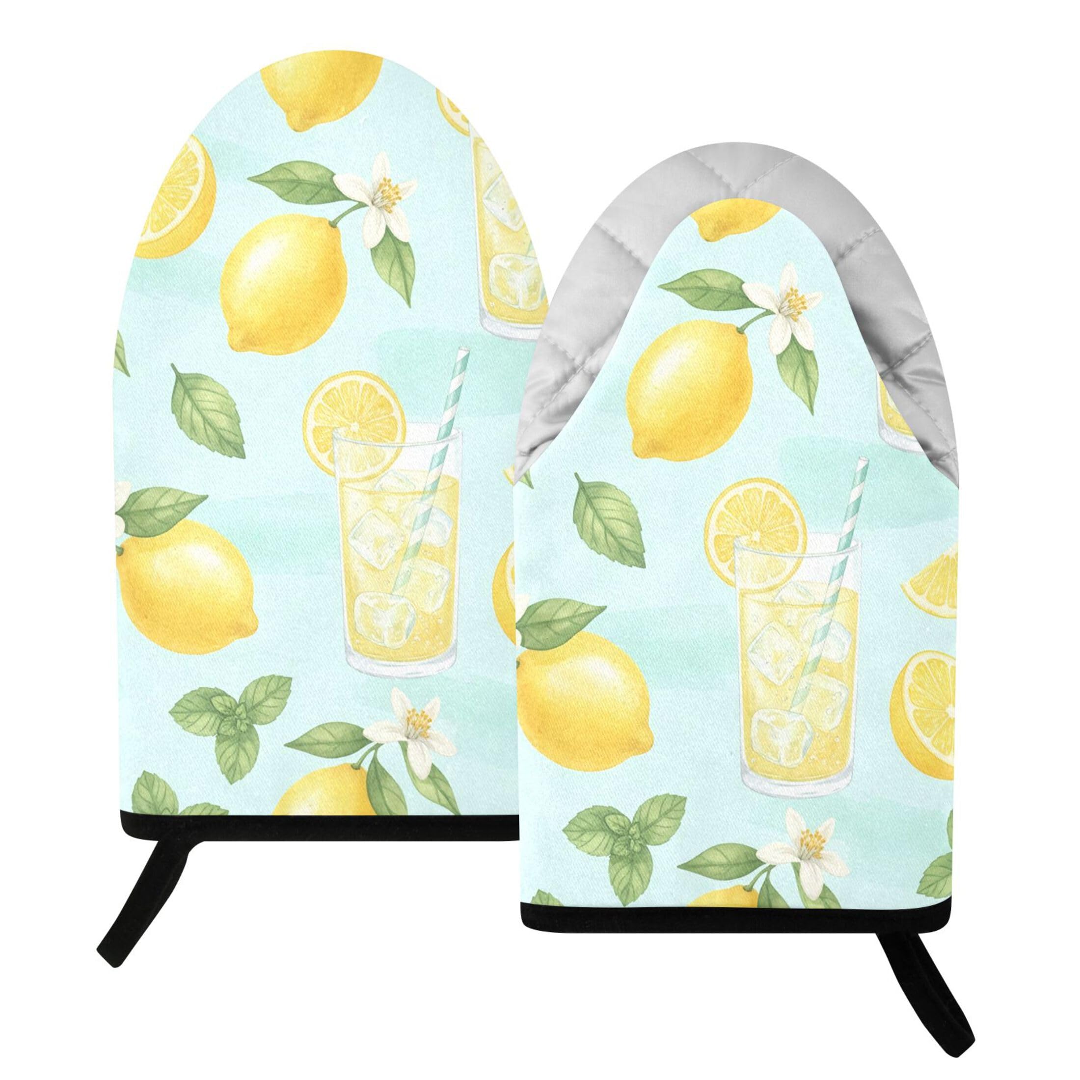 Kutsu Lemon Juice Oven Mitts for Kitchen, Heat Resistant Cotton Oven Gloves for BBQ Baking Cooking, Breathable Kitchen Essentials, 2 pcs