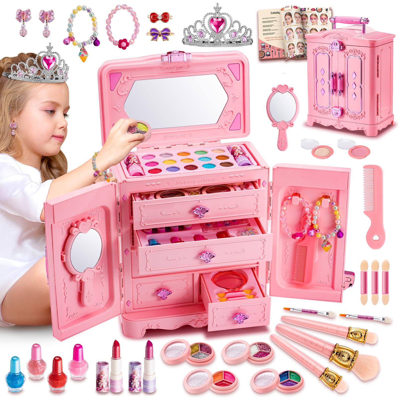 66Pcs Kids Makeup Kit for Girl, Washable Play Makeup Toys Set for Dress Up