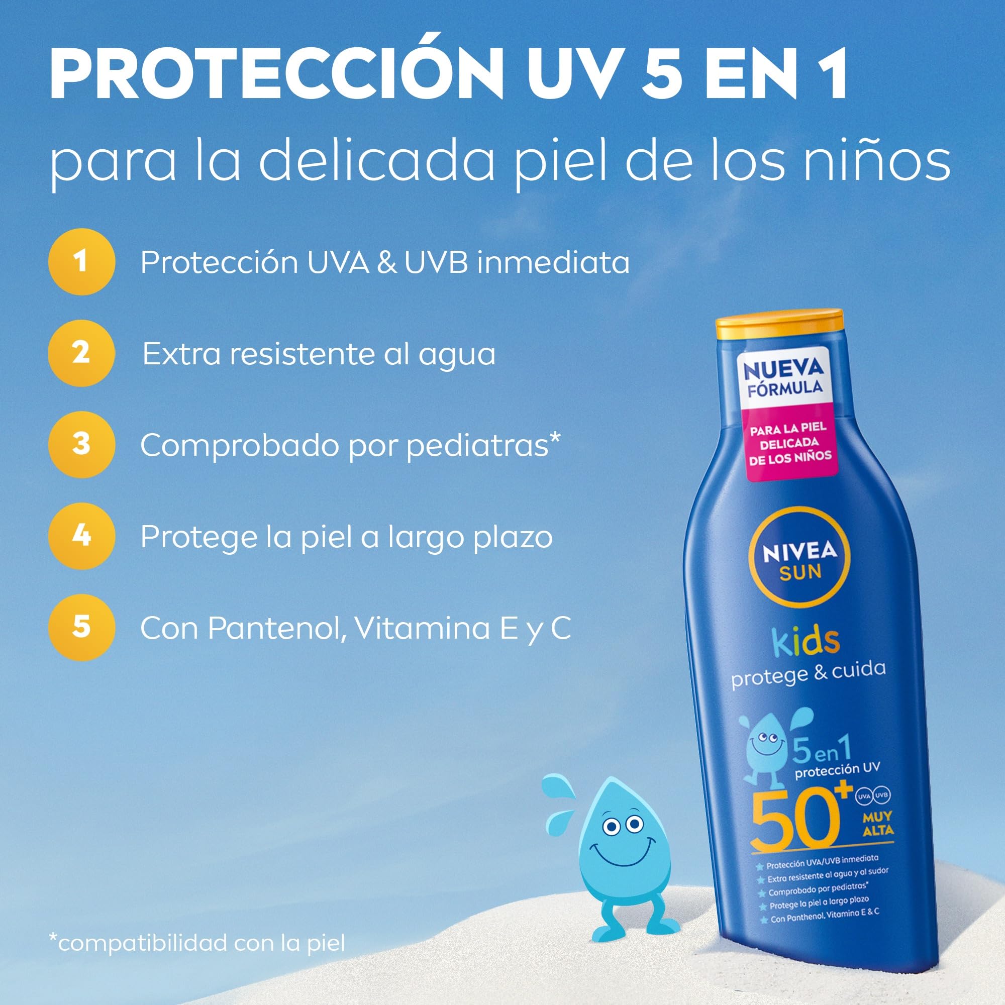 NIVEA SUN Kids Protege & Cuida 5 en 1 - Loción Solar con SPF50+ - Protector Solar Infantil Extra Resistente al Agua - Con Pantenol, Vitamina C y E - Aprobado por Pediatras - Todo Tipo de Piel - 200 ml