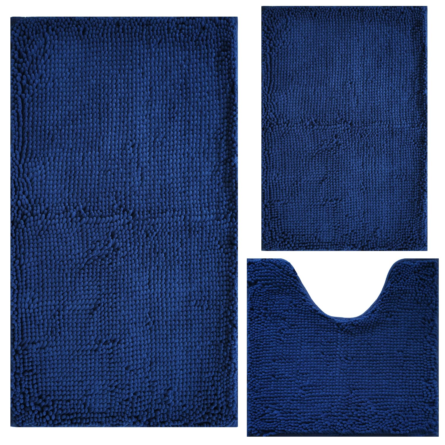 Bathroom Rugs Chenille 3-Piece Extra Soft and Absorbent Shag Bathroom Rugs, Machine Wash Mat, Strong PVC Non-Slip Underside, Plush Carpet Mats (Navy