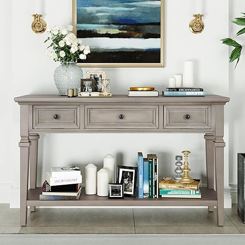 Mesa consola de 50 pulgadas, estilo retro clásico, con 3 cajones de almacenamiento y estante inferior, mesa auxiliar estrecha de madera maciza para