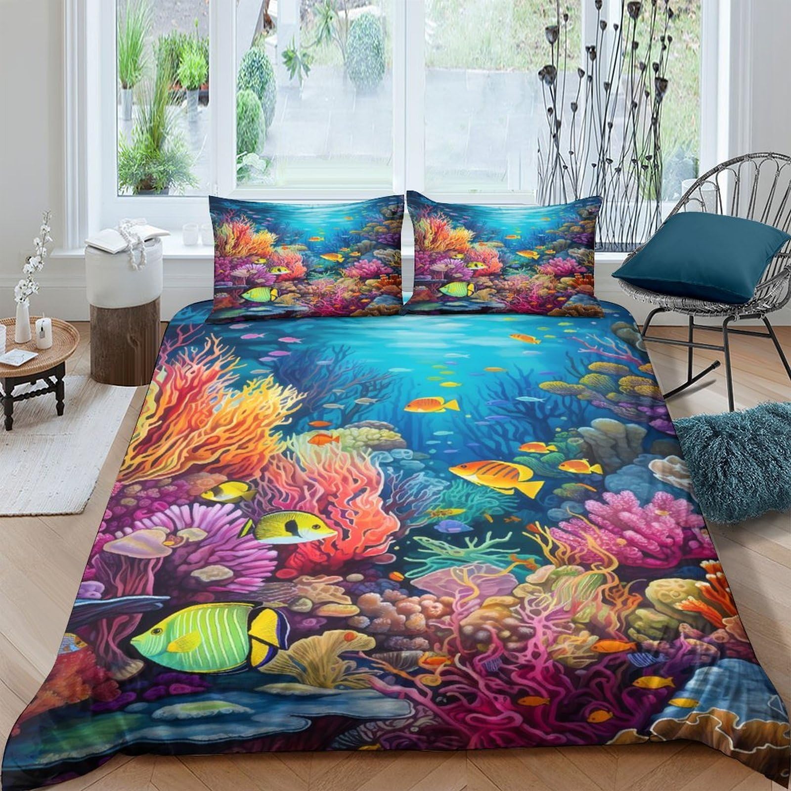 Ctjqhvkz Style-4 3D Printed Ocean Coral Fitted Sheet Microfiber Soft Vibrant Underwater Fish Bed Cover For Bedroom Dorm Room Decor Single（135X200cm）