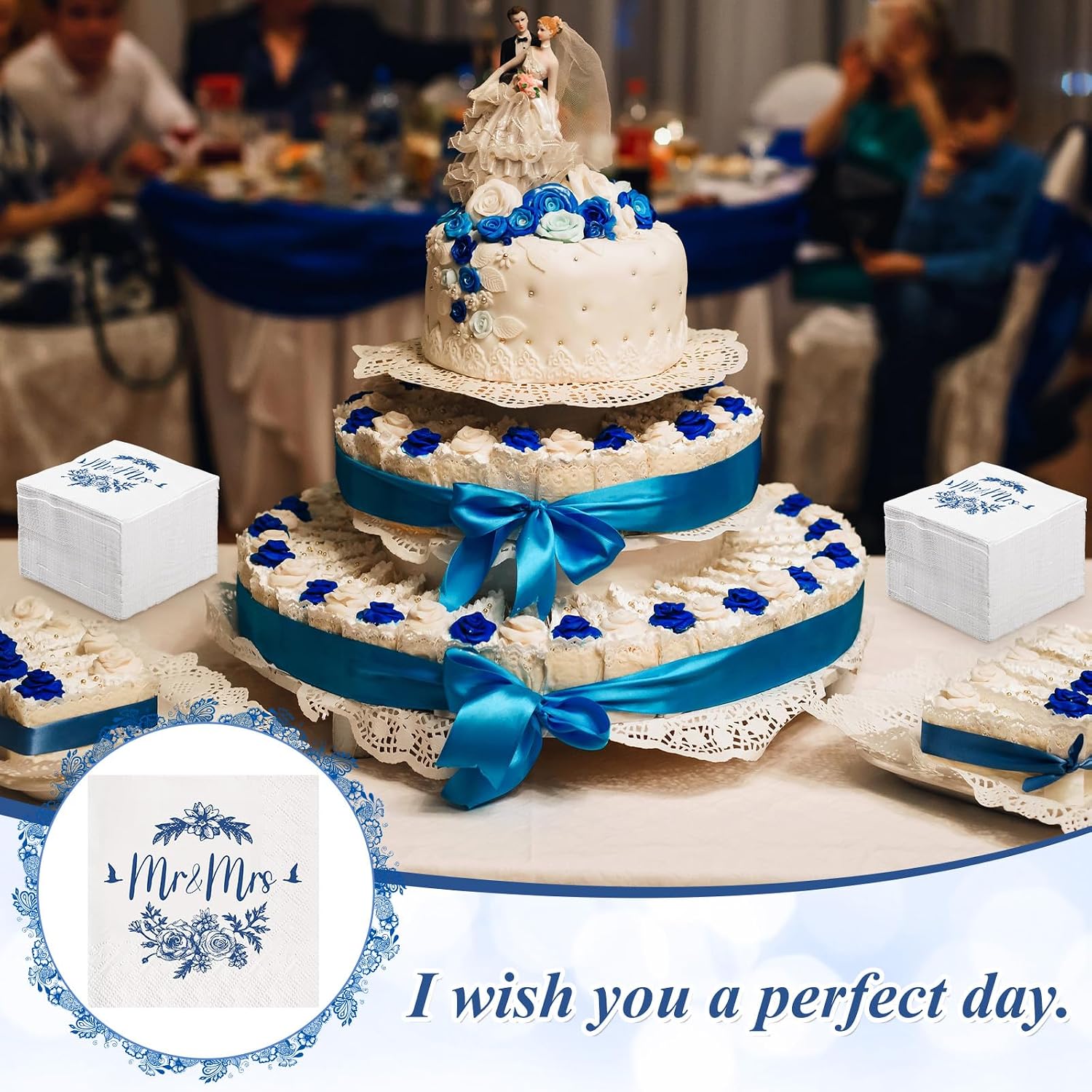 Kosiz 100 Pcs Mr and Mrs Wedding Napkins 3 Ply Blue Floral Cocktail Paper Dessert Disposable Napkins Chinoiserie Wedding Party Table Decor for Reception Engagement Bridal Shower