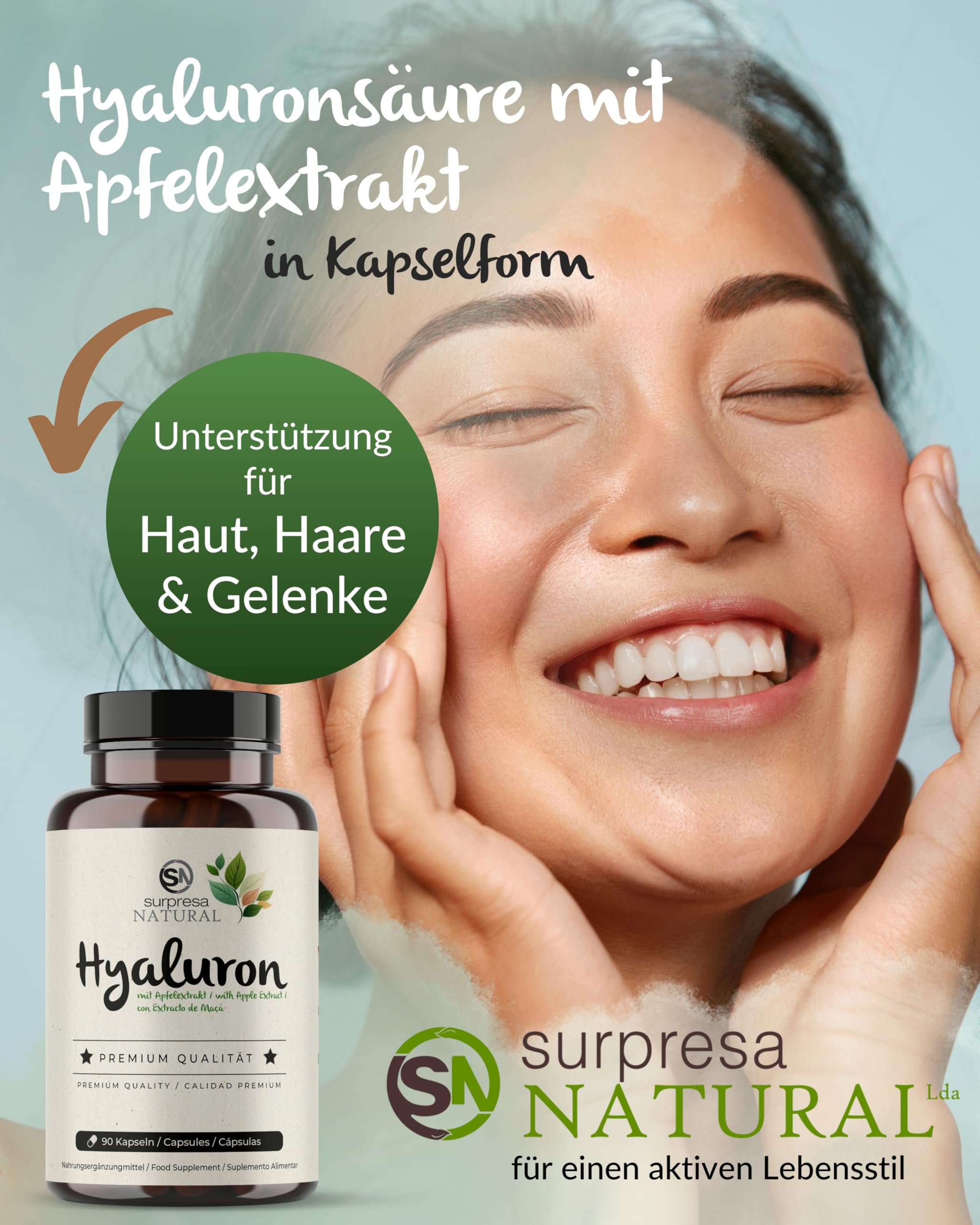 Hyaluronsäure Kapseln hochdosiert I 3x 90 Kapseln mit Apfel Extrakt I 500 mg Hyaluronsäure mit 500-700 kD pro Kapsel I Hyaluron Kapseln I vegan & laborgeprüft