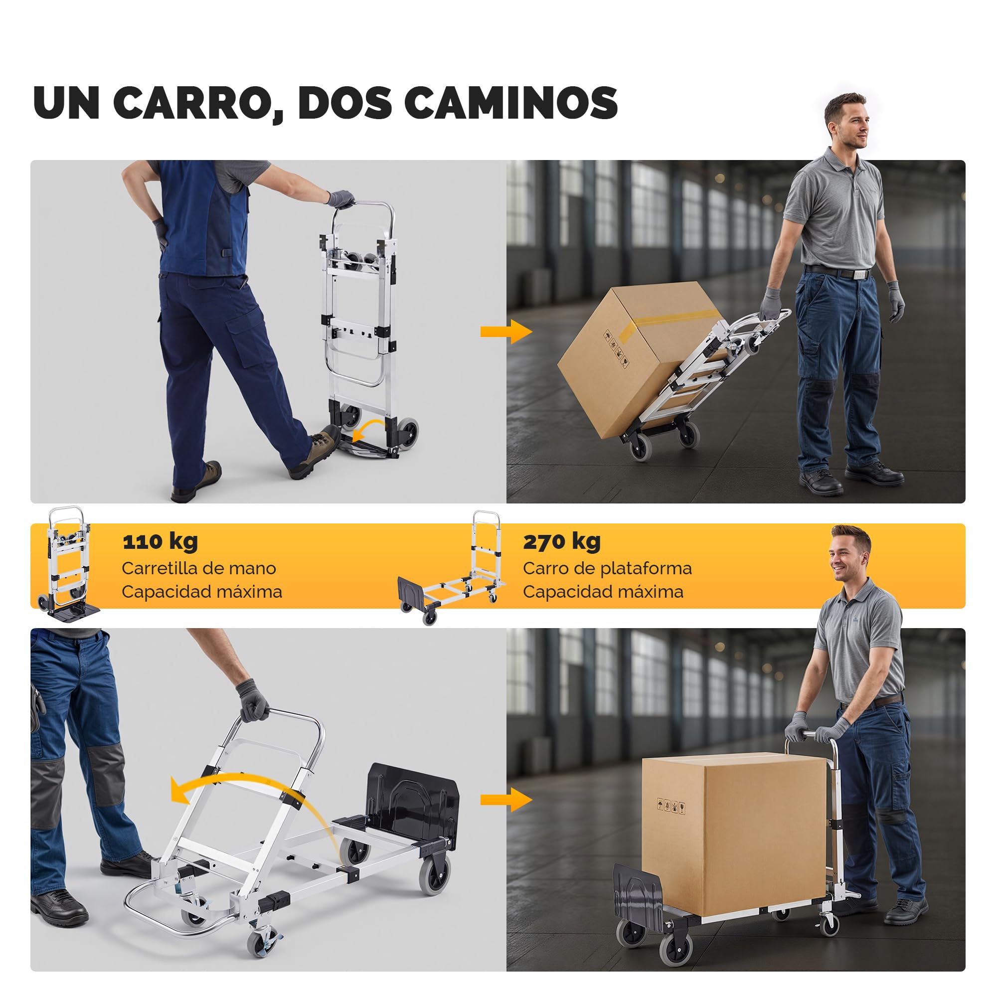 CREWORKS Carretilla Plegable de Aleación de Aluminio 2 en 1, Capacidad Máxima de Carga de 270kg Carro Plegable con Ruedas Bloqueables y 2 Correas para Mudanzas de Casas Estudio y Supermercados