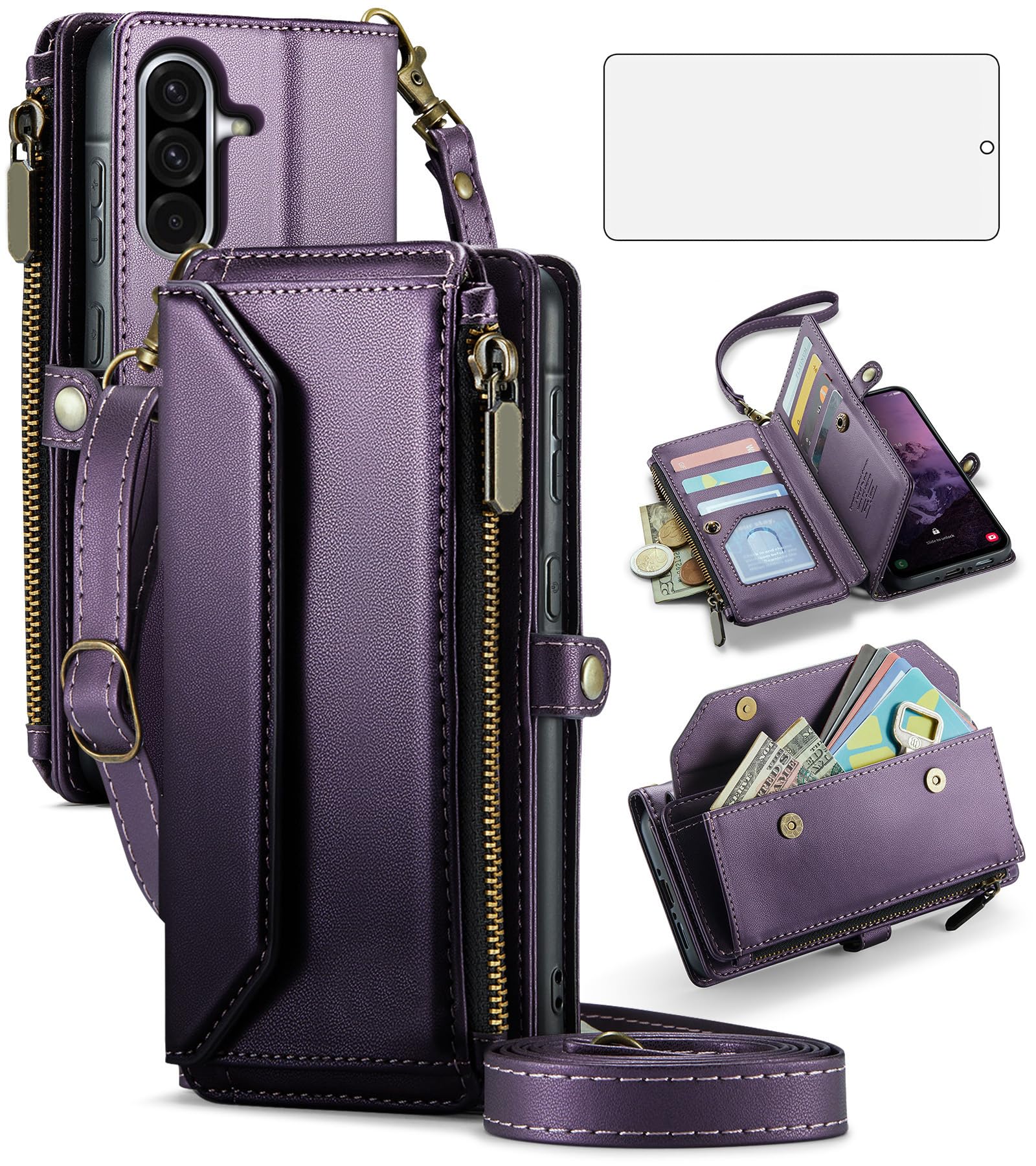 Asuwish Phone Case for Samsung Galaxy A36 5G Zipper Wallet Cover with Tempered Glass Screen Protector and Leather Flip RFID Blocking Credit Cash Card