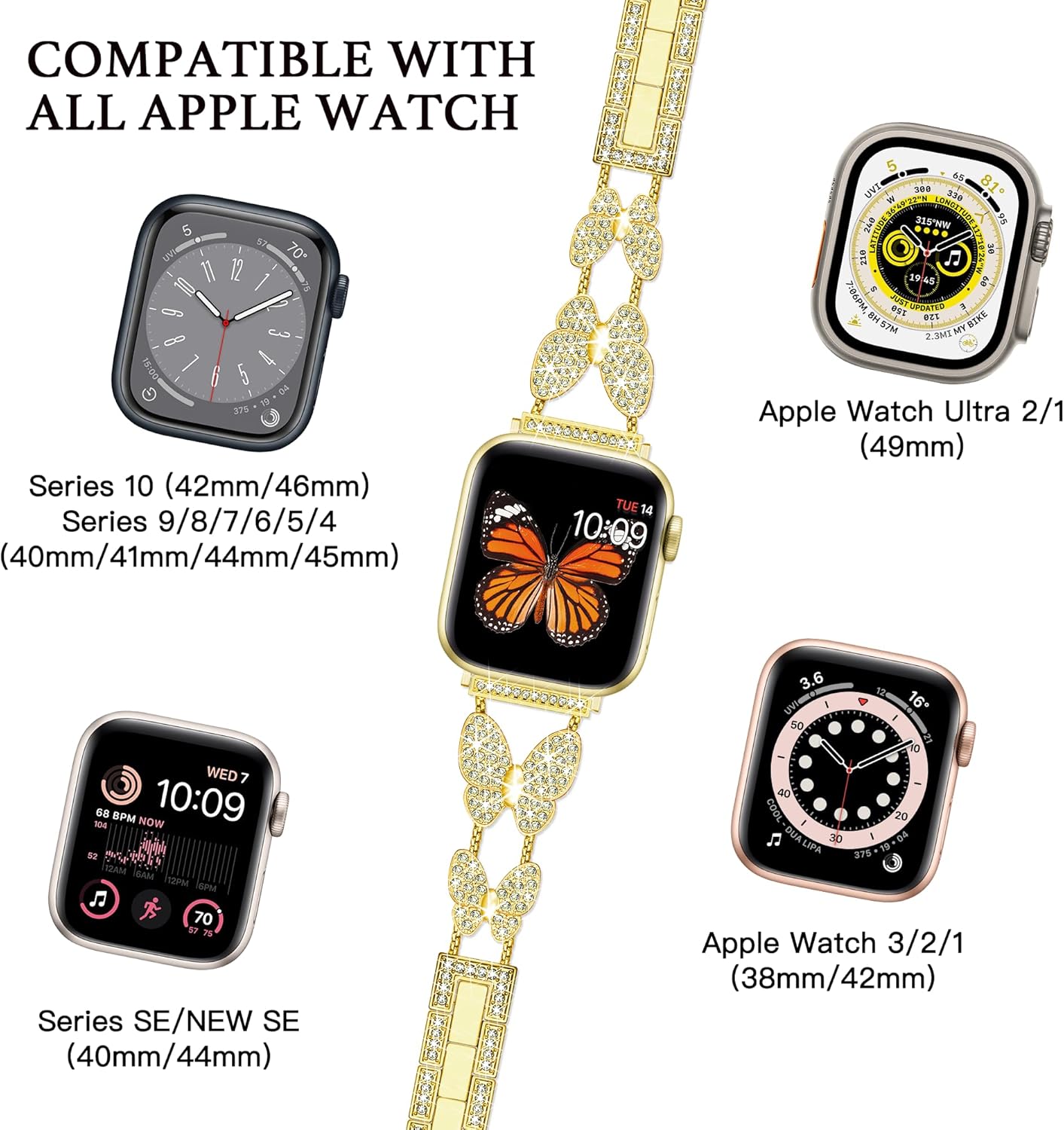Butterfly Band Compatible with Apple Watch Bands 46mm 45mm 44mm 49 42mm(S3) iWatch SE Series 10 9 8 7 6 5 4 3 Ultra, Slim Cute Metal Bands for Women, Fancy Bling Dressy Diamond Strap-Gold - Image 3