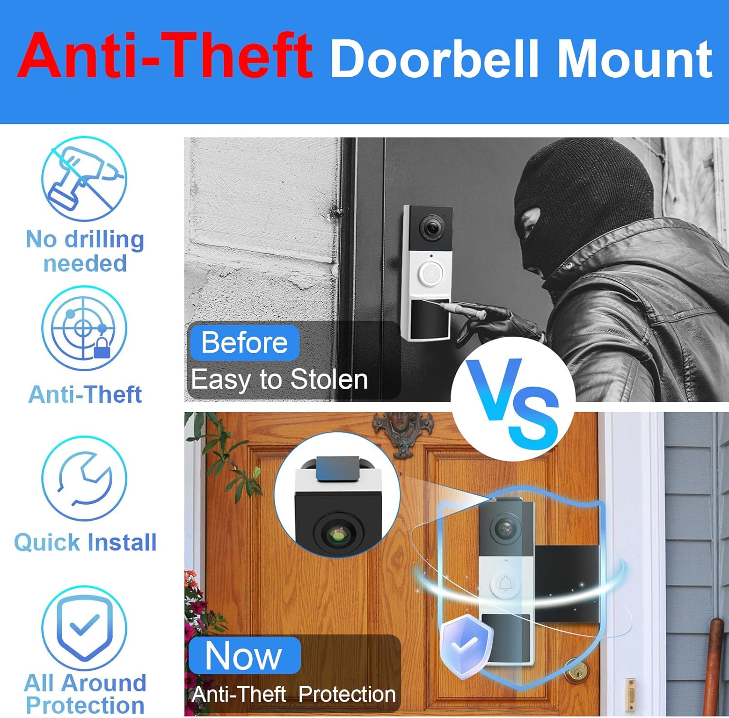 Anti-Theft Doorbell Mount No Drill Compatible with Tapo/Orbitell/Eufy/Aosu Video Doorbell, Universal Doorbell Camera Mount, Adjustable Mounting Bracket Holder Accessories for Apartment Rentals Mount - Image 4