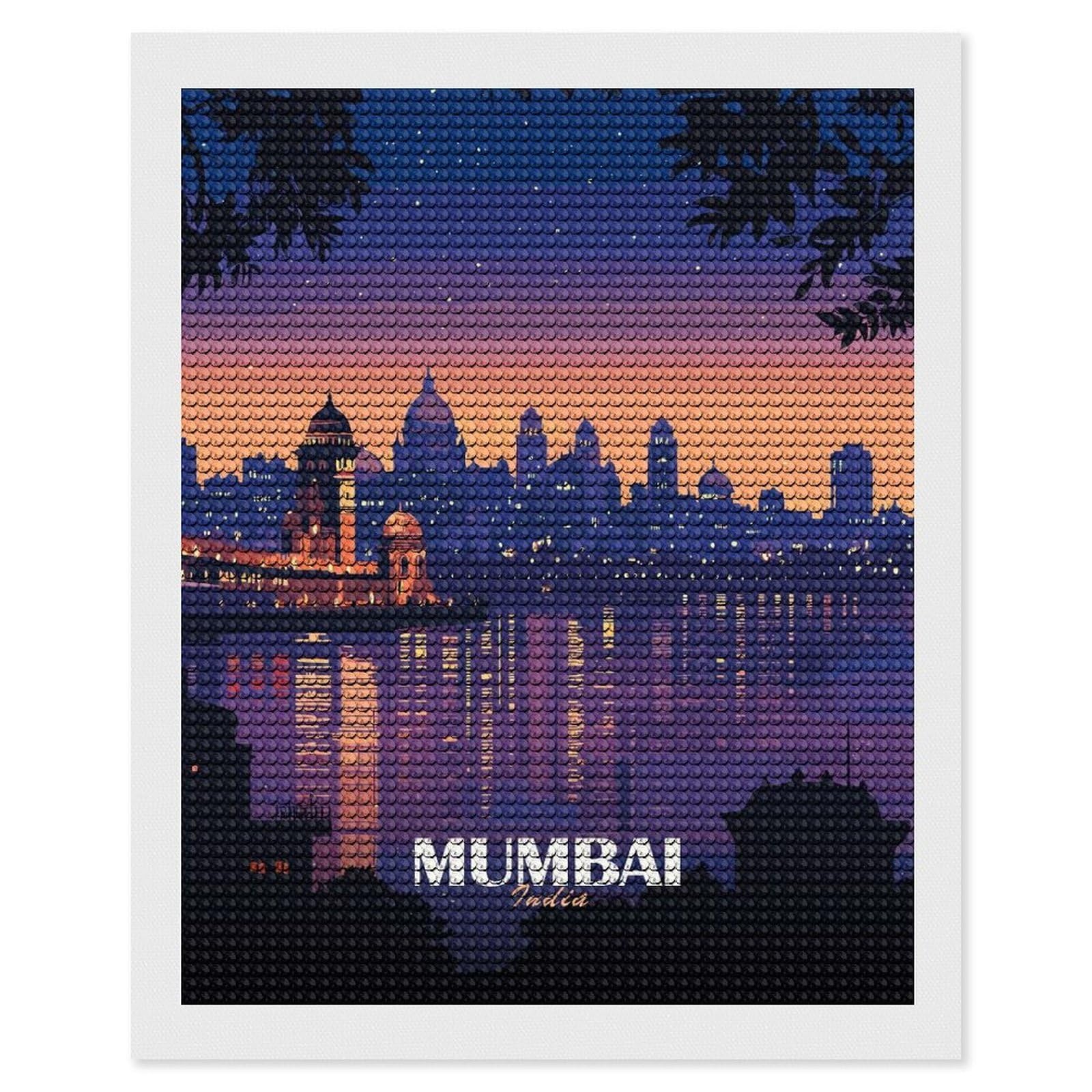 Junmoney Mumbai India Skyline at Dusk DIY Diamond Art Canvas Kit 16"x20", Relaxing DIY, Sparkling Crystal Beads, Vintage Style Decor, Holiday Gift Idea